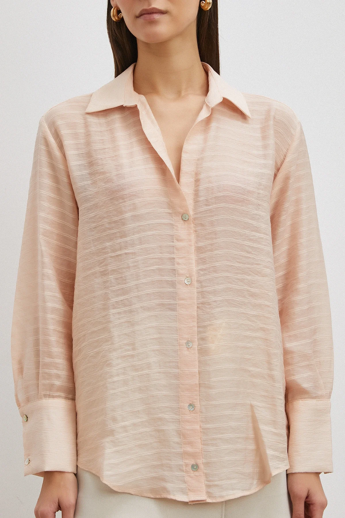 Kabartma Çizgili Gömlek - Pudra
