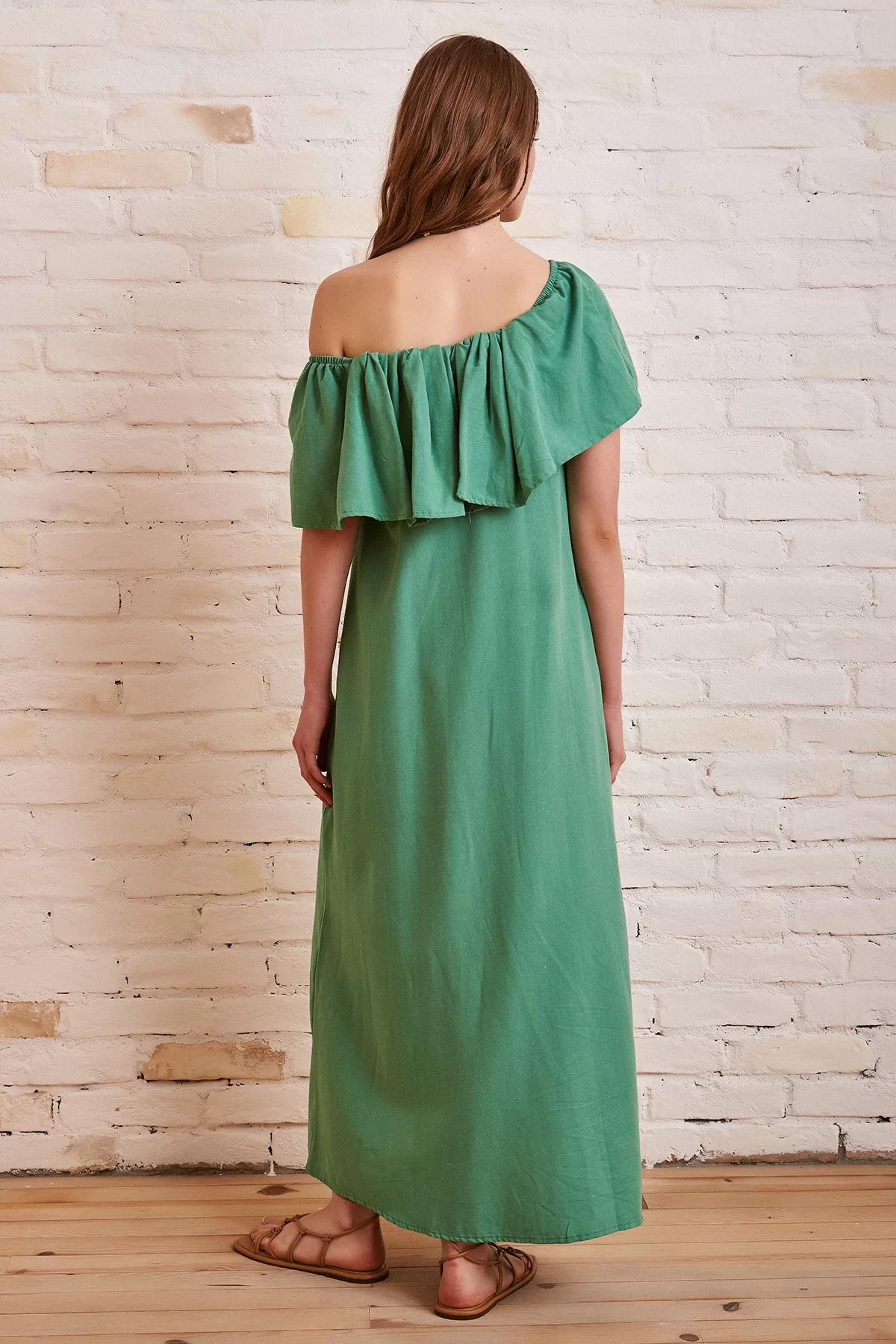 Açık Yaka Maxi Elbise - Yeşil