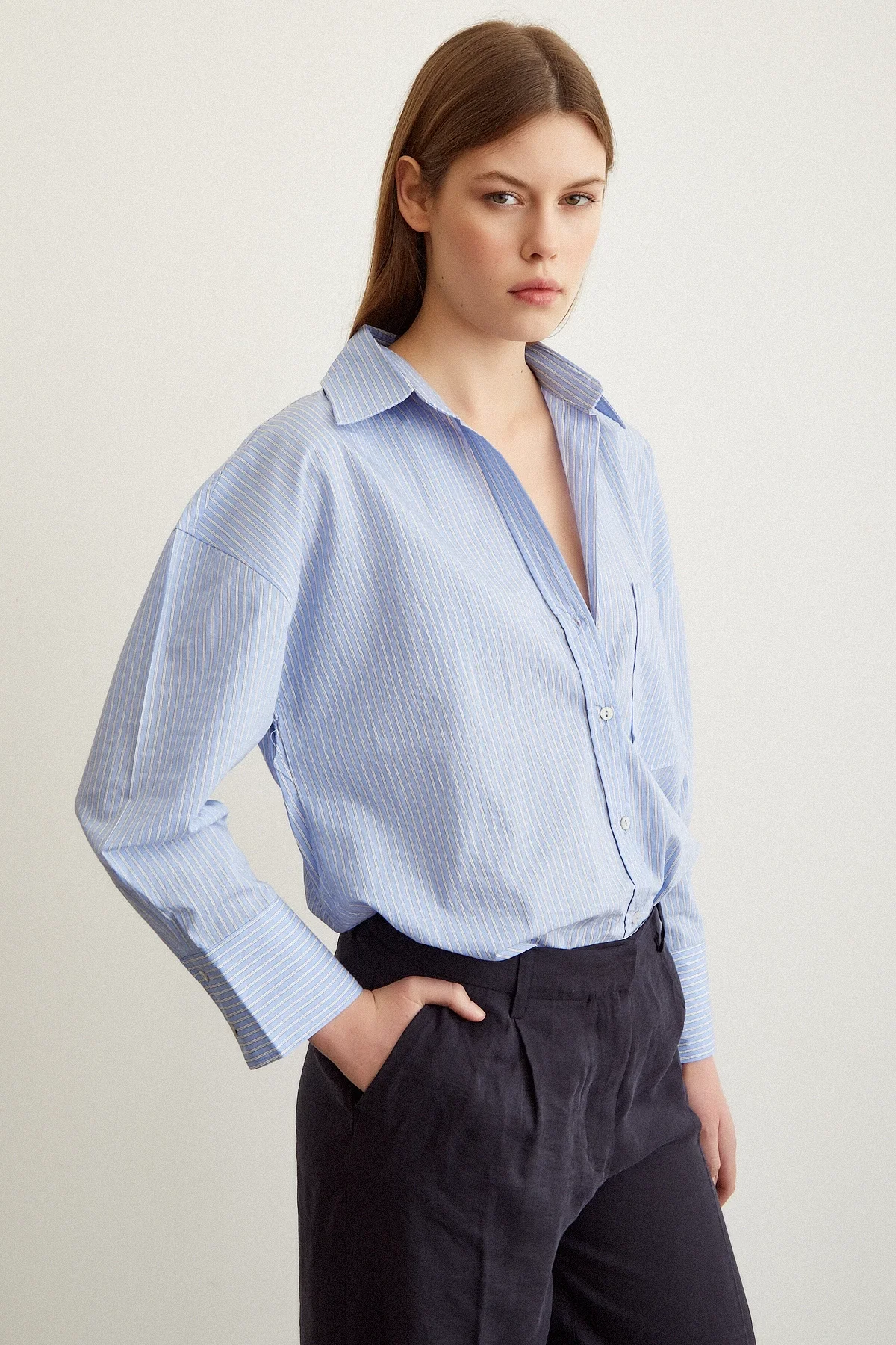 Çizgili Oversize Gömlek - Mavi