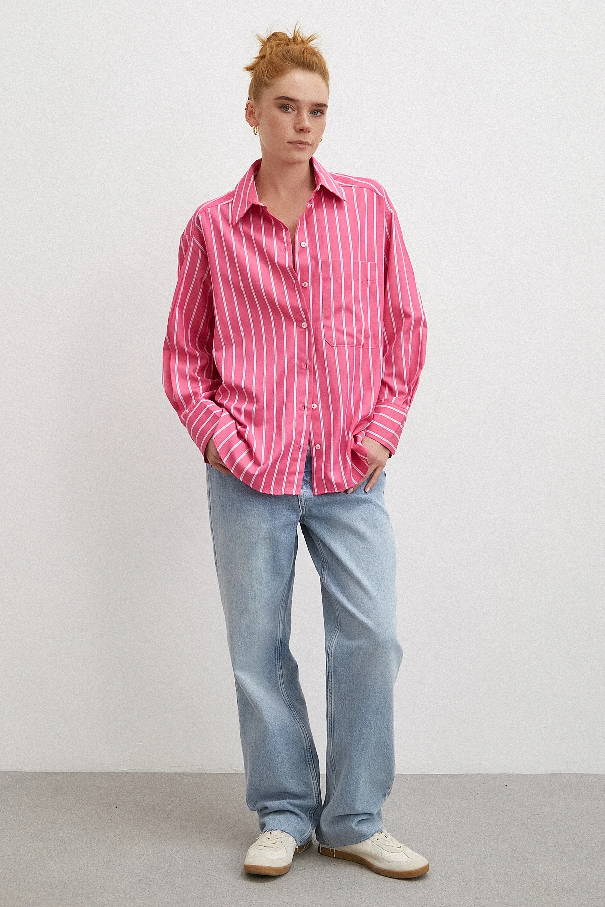 Çizgili Poplin Gömlek - Pembe