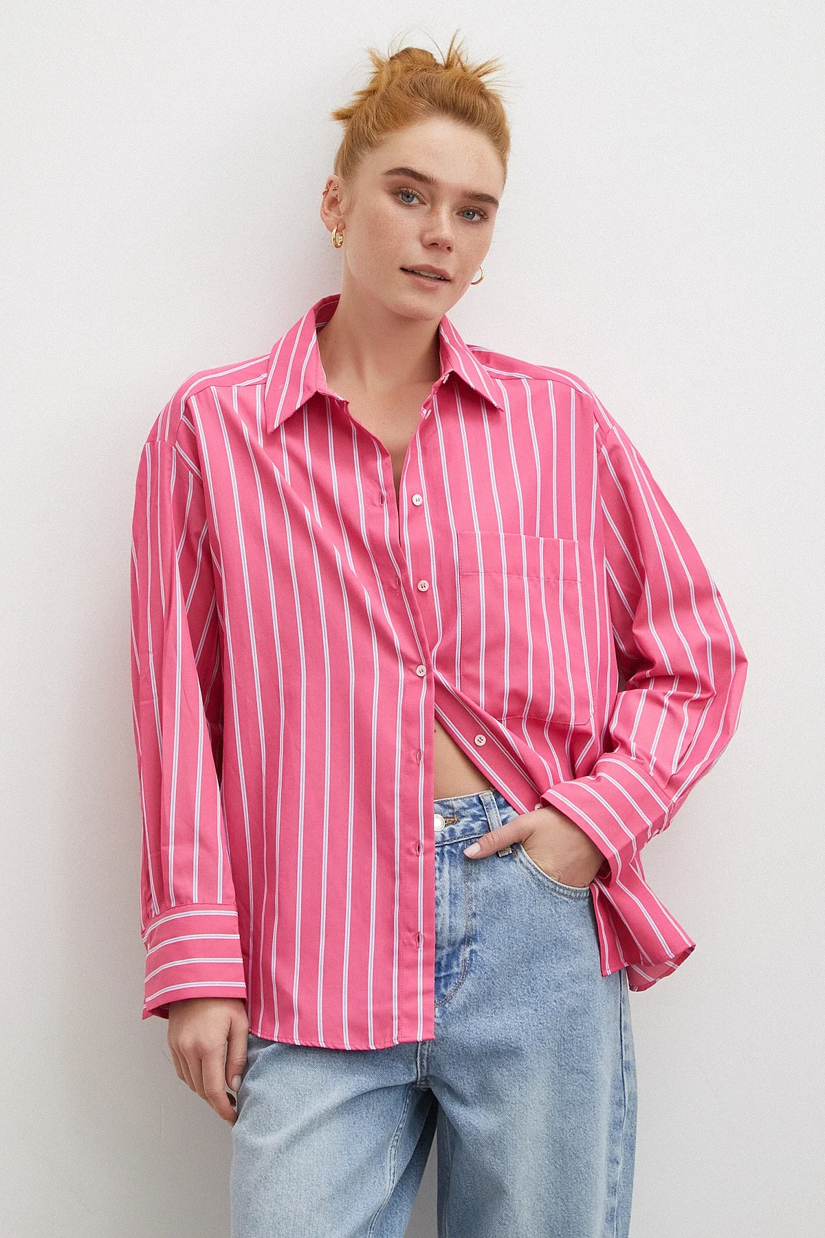 Çizgili Poplin Gömlek - Pembe