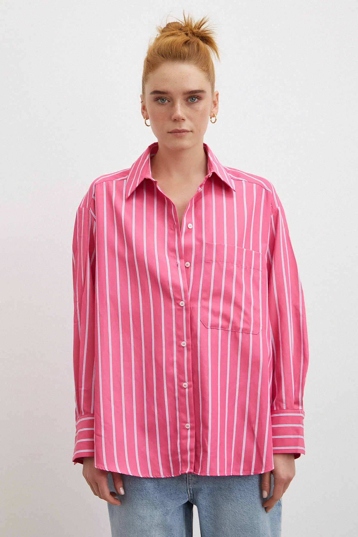 Çizgili Poplin Gömlek - Pembe