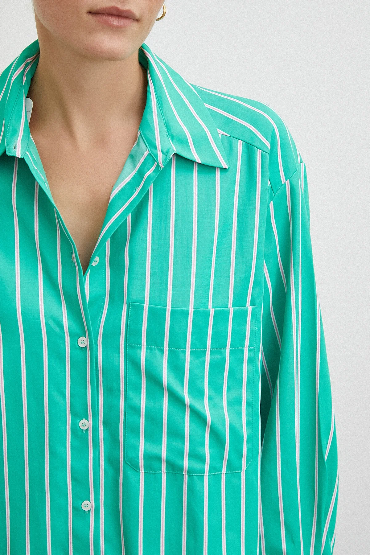 Çizgili Poplin Gömlek - Yeşil