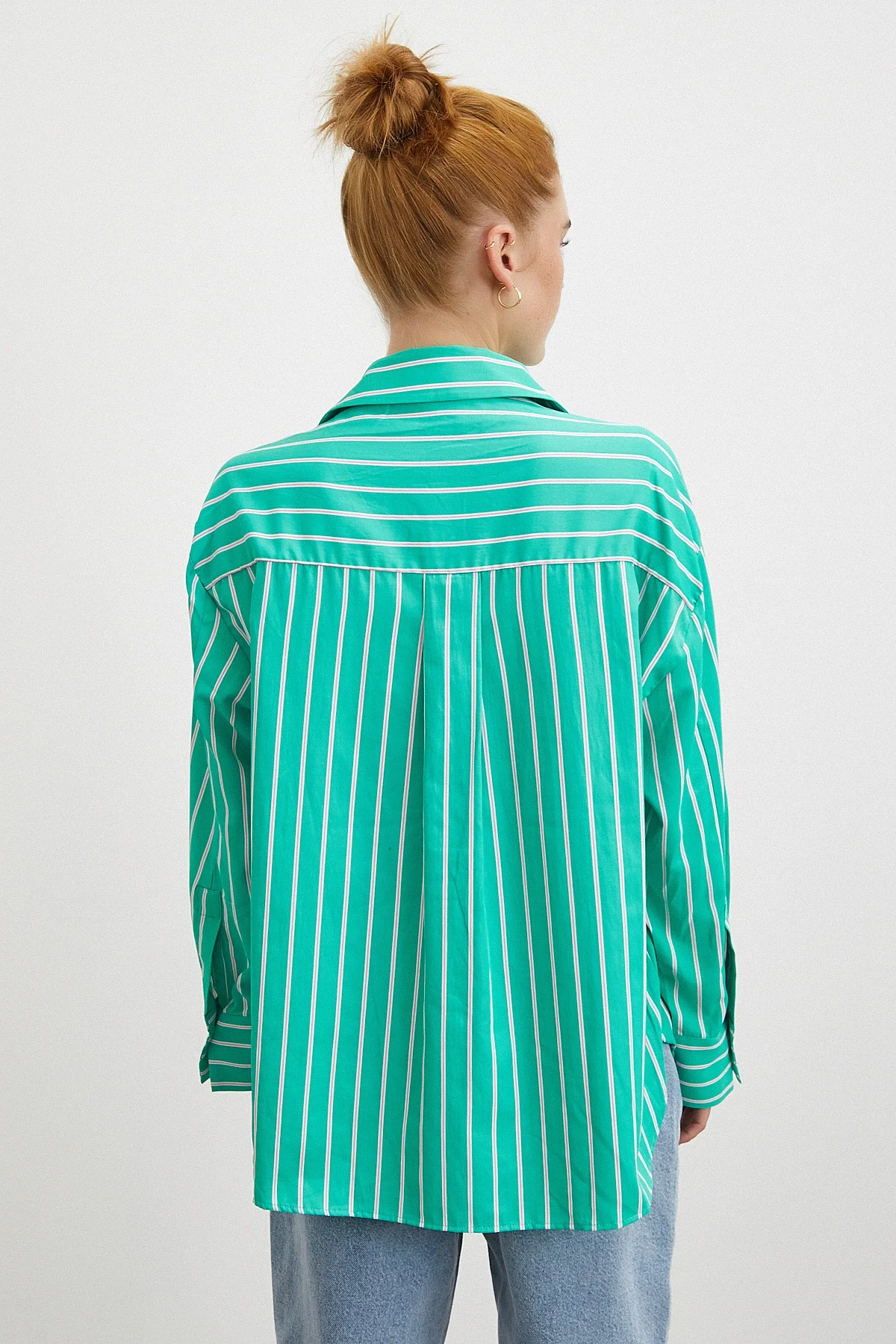 Çizgili Poplin Gömlek - Yeşil