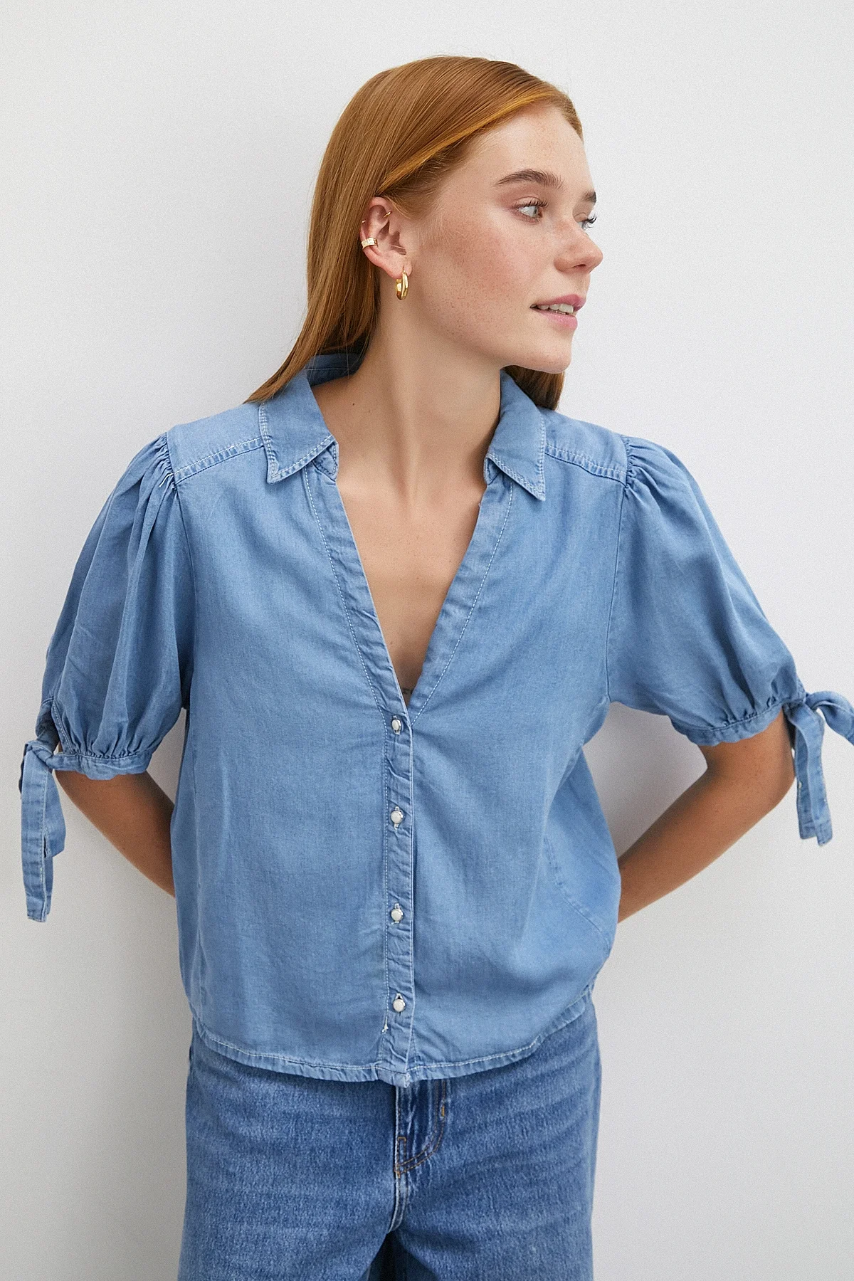 Kısa Kollu Bağcıklı Gömlek - Mavi