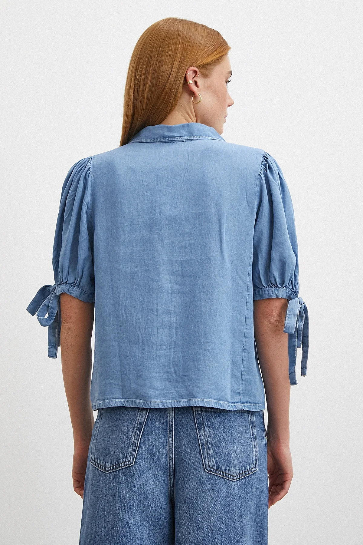 Kısa Kollu Bağcıklı Gömlek - Mavi