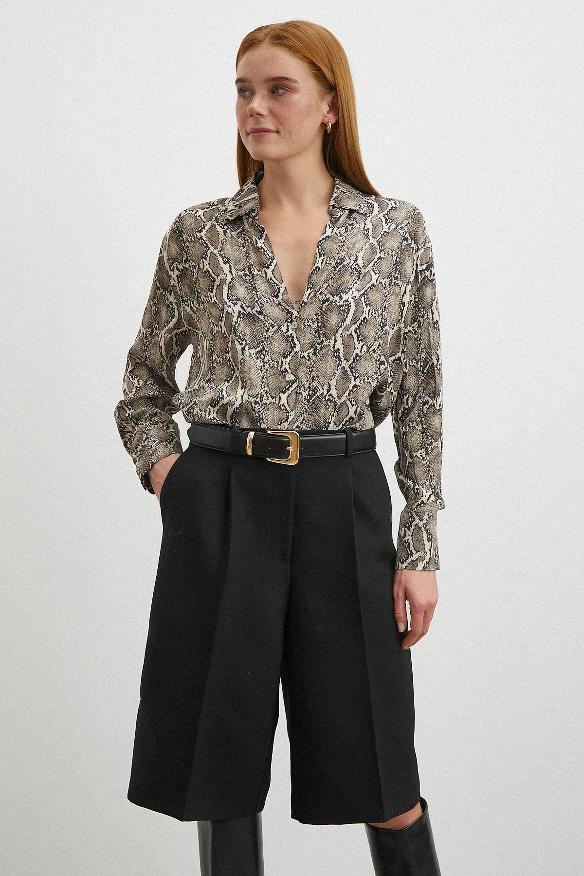 Yılan Desenli Viskon Saten Gömlek - Siyah