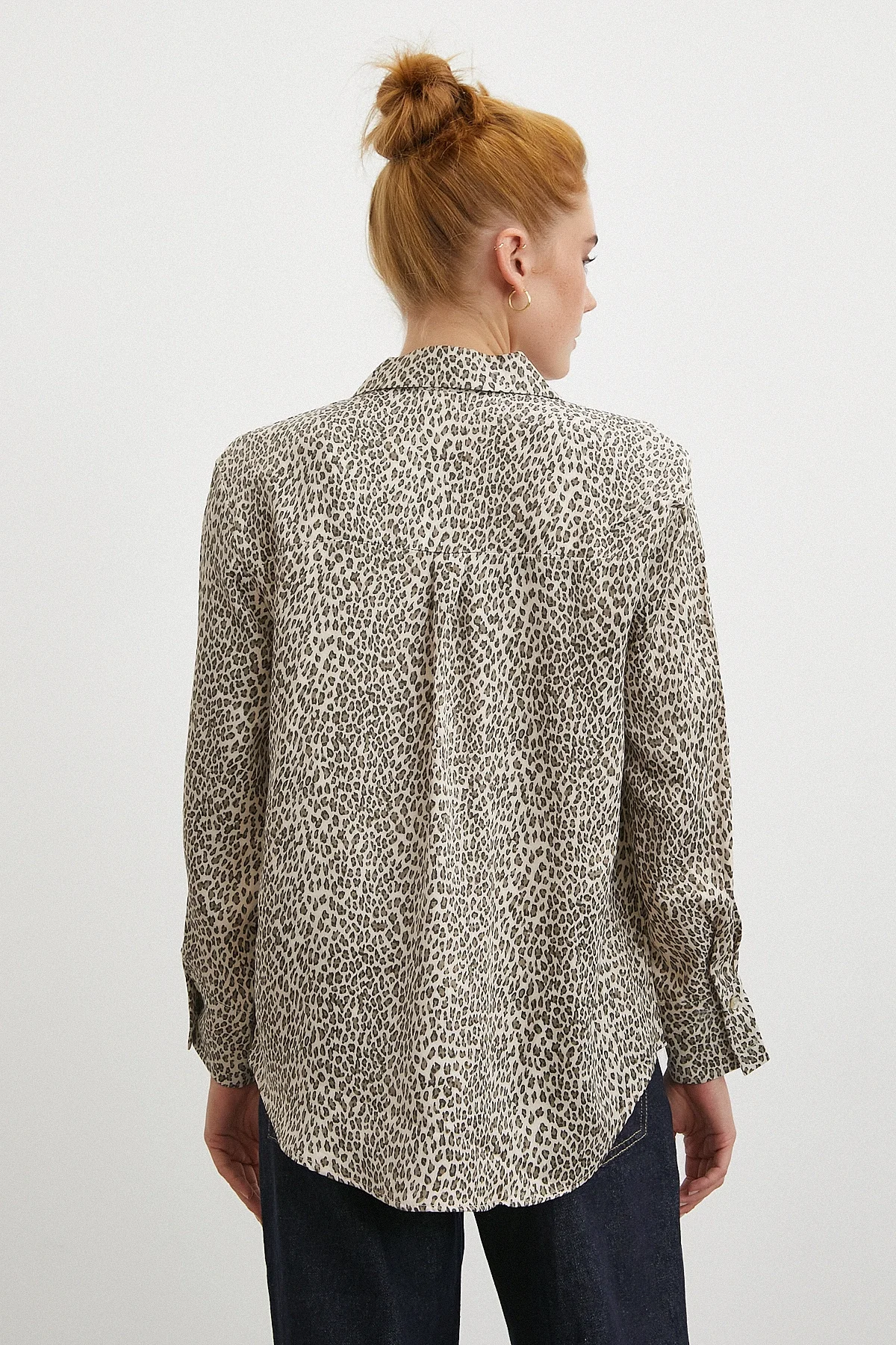 Leopar Desenli Viskon Saten Gömlek - Krem