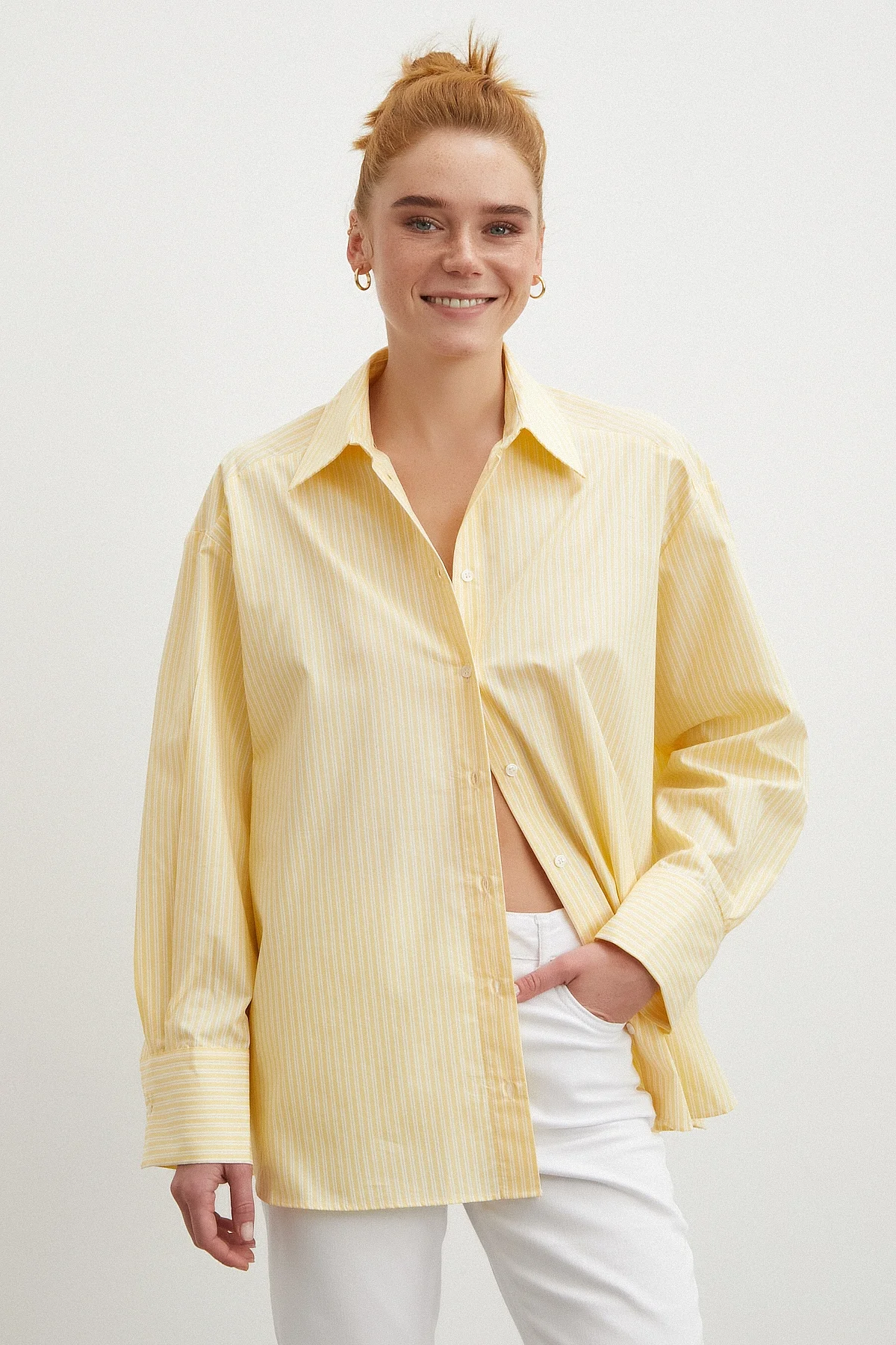 Cepli Çizgili Poplin Gömlek - Sarı