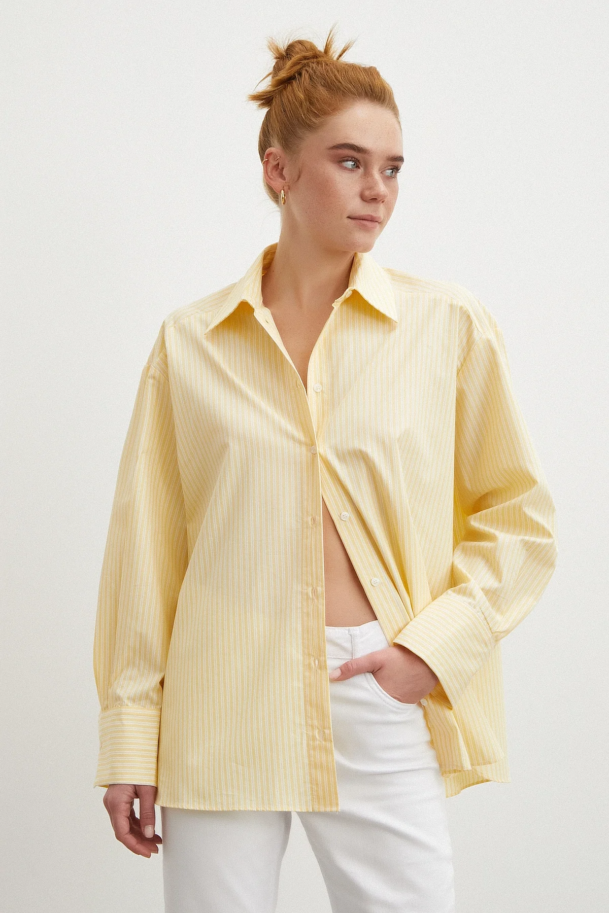 Cepli Çizgili Poplin Gömlek - Sarı
