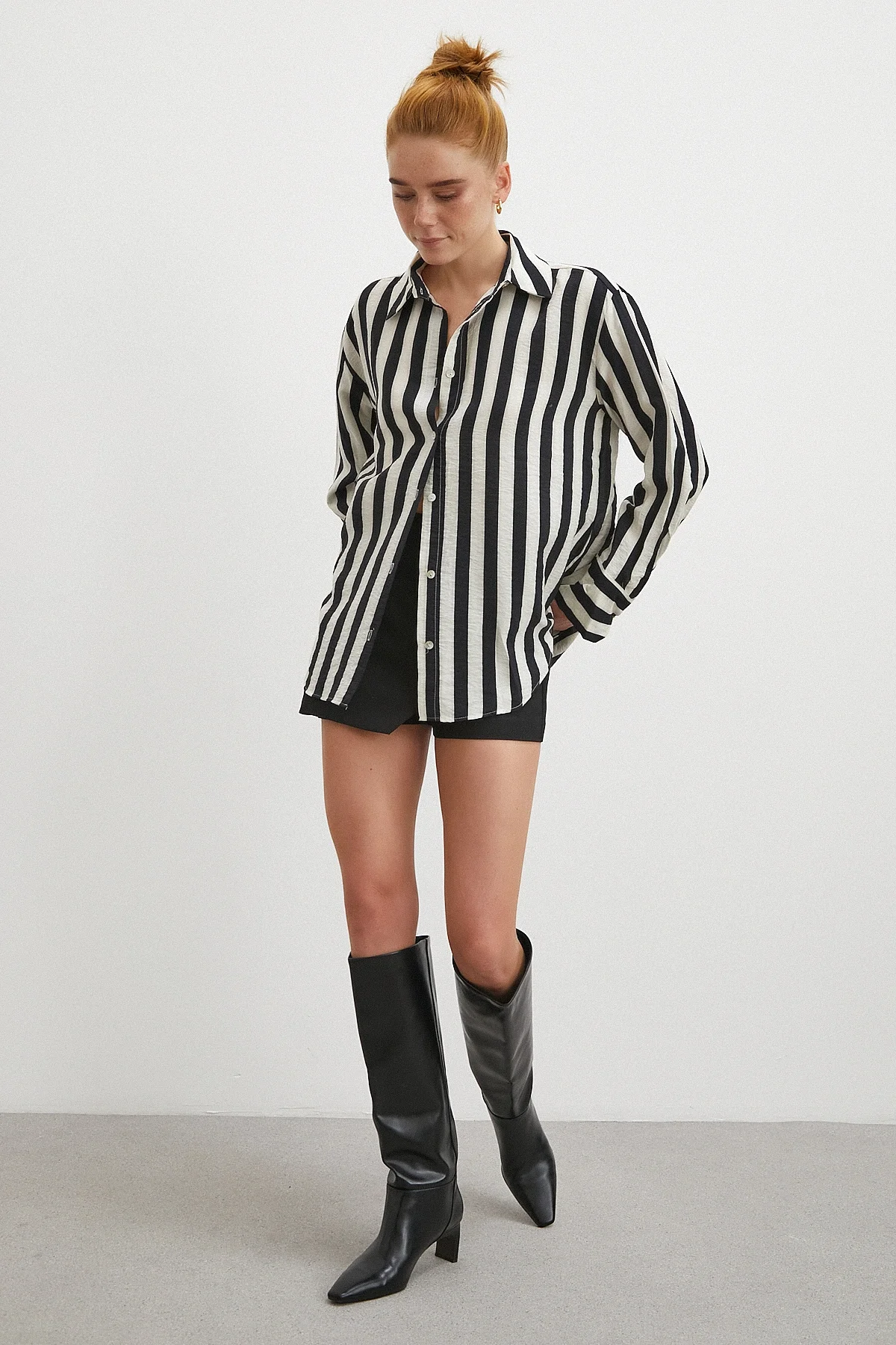 Çizgili Uzun Kollu Gömlek - Siyah