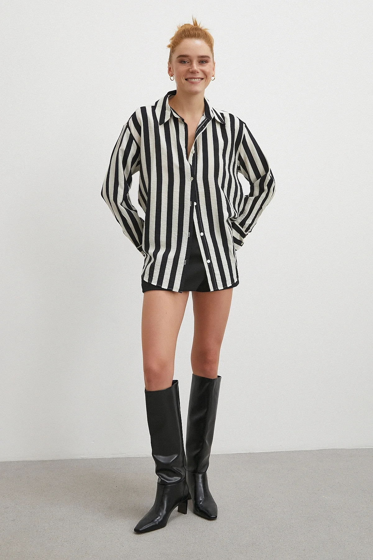 Çizgili Uzun Kollu Gömlek - Siyah