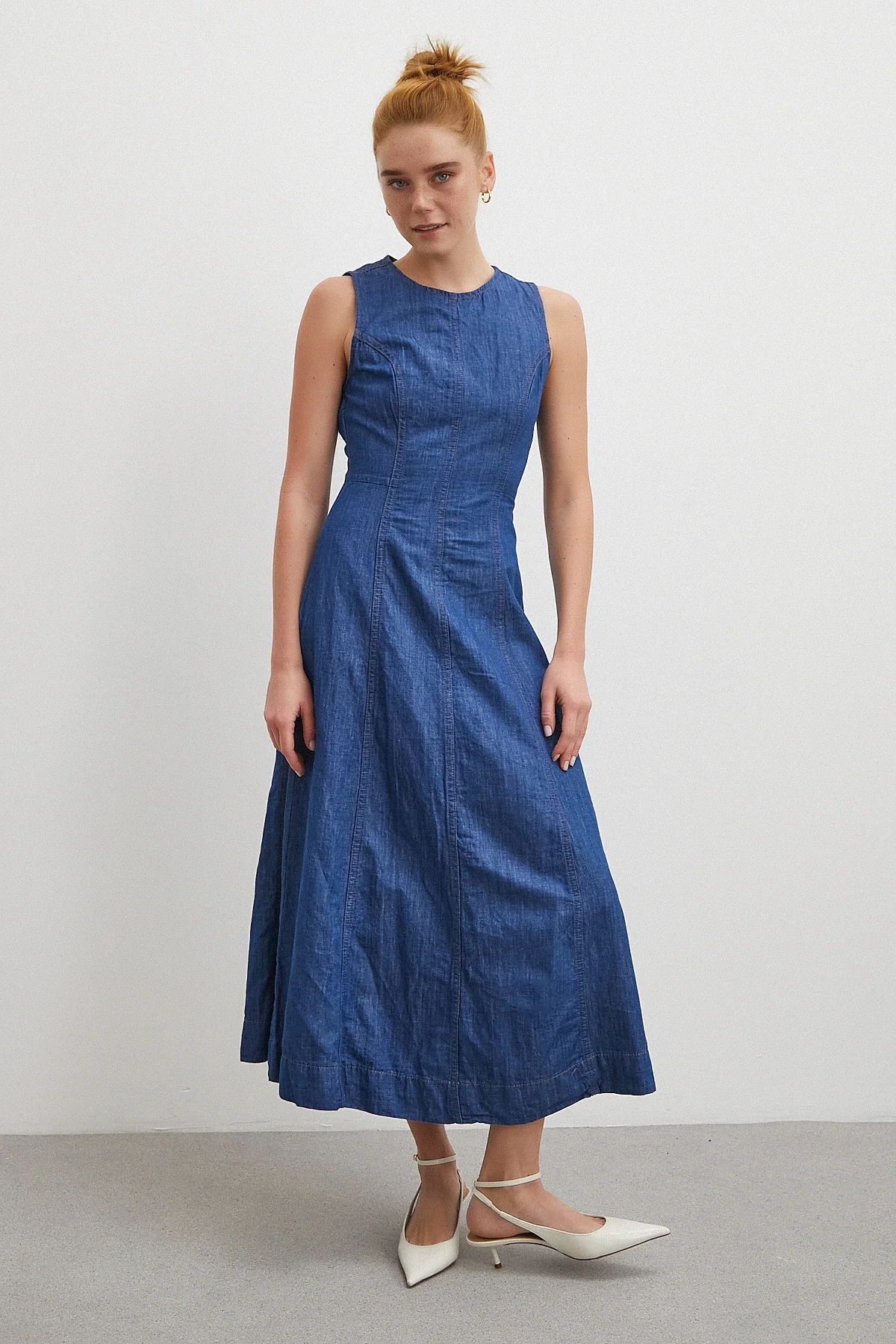 Bisiklet Yaka Kolsuz Premium Uzun Kot Elbise - Lacivert