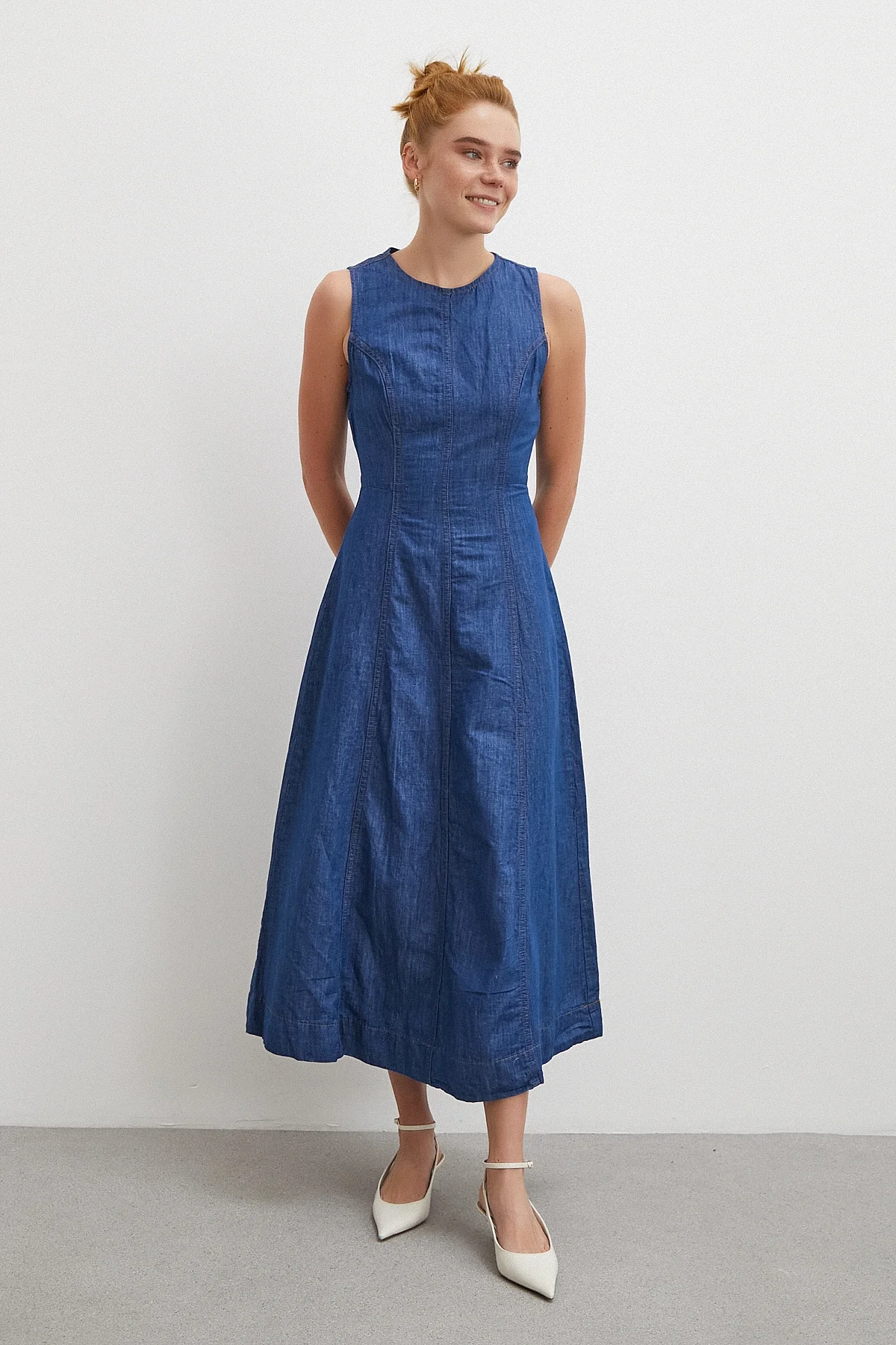 Bisiklet Yaka Kolsuz Premium Uzun Kot Elbise - Lacivert