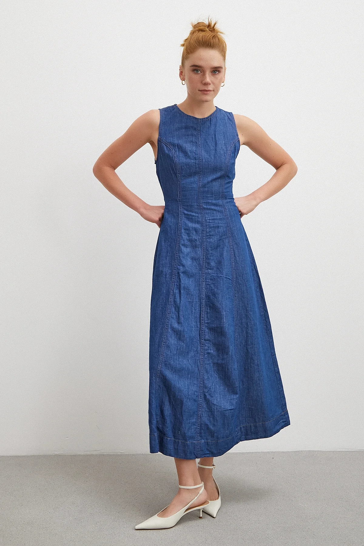 Bisiklet Yaka Kolsuz Premium Uzun Kot Elbise - Lacivert