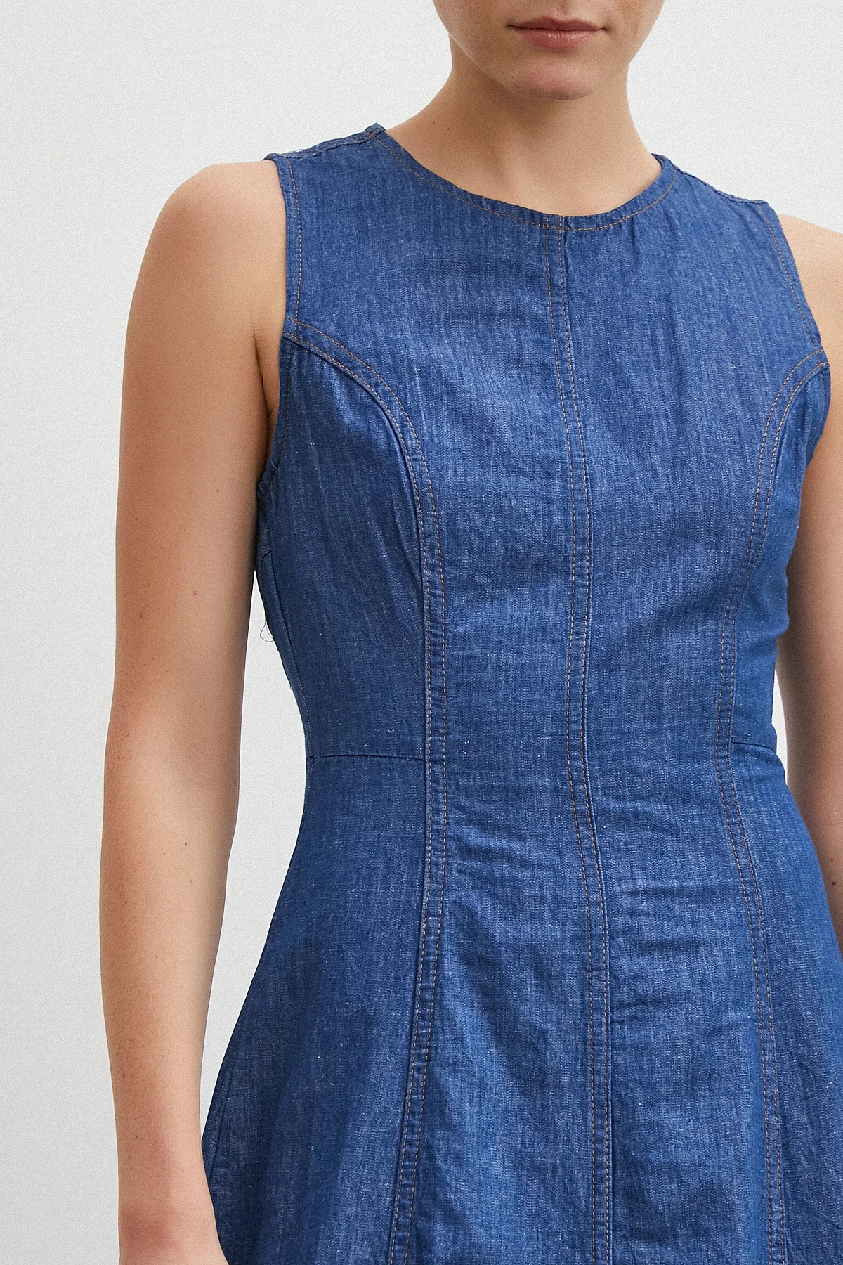 Bisiklet Yaka Kolsuz Premium Uzun Kot Elbise - Lacivert