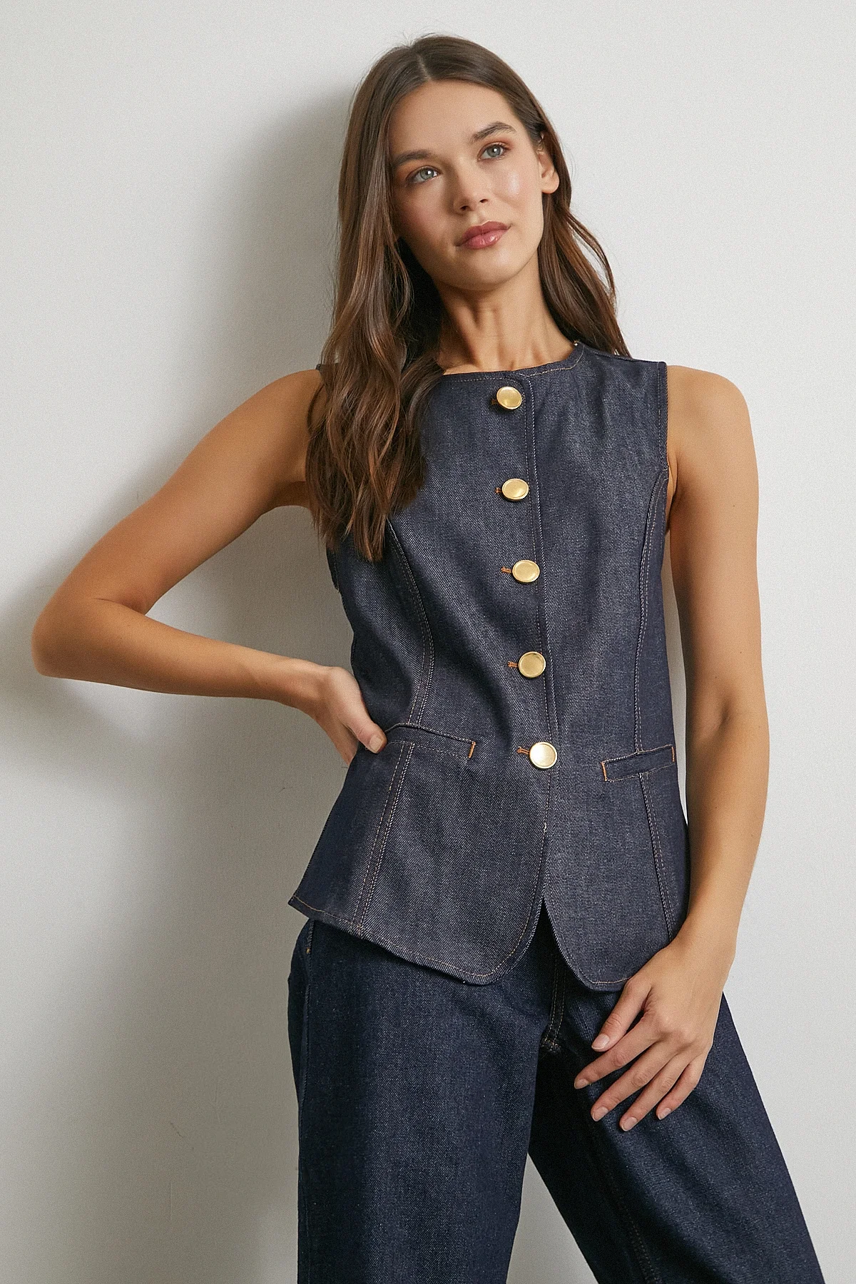 Bisiklet Yaka Metal Düğmeli Denim Yelek - Lacivert
