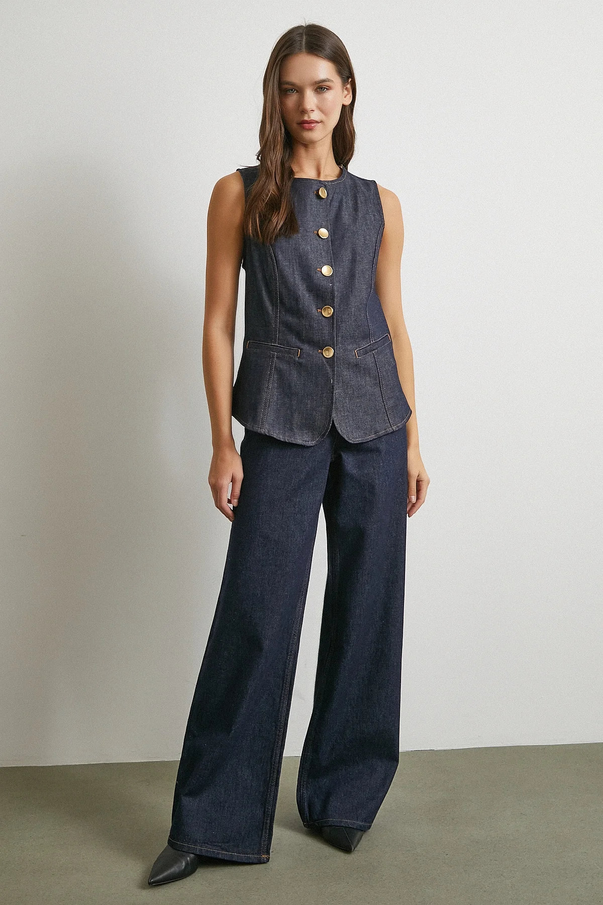 Bisiklet Yaka Metal Düğmeli Denim Yelek - Lacivert