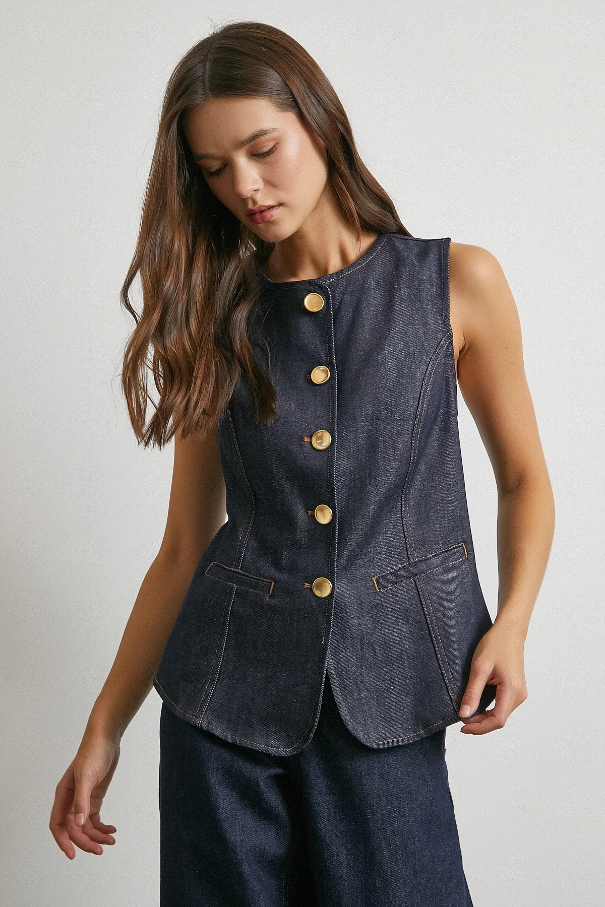 Bisiklet Yaka Metal Düğmeli Denim Yelek - Lacivert
