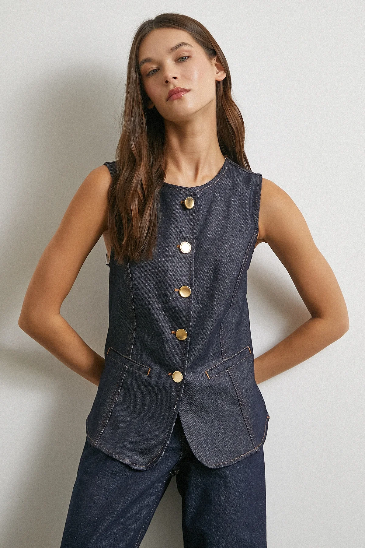 Bisiklet Yaka Metal Düğmeli Denim Yelek - Lacivert