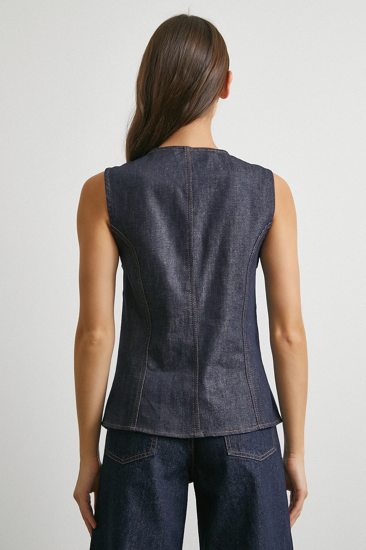 Bisiklet Yaka Metal Düğmeli Denim Yelek - Lacivert