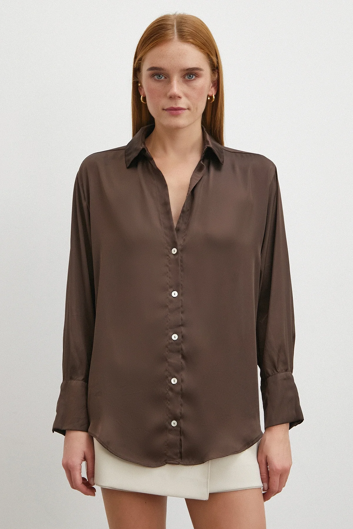 Basic Saten Gömlek - Kahve