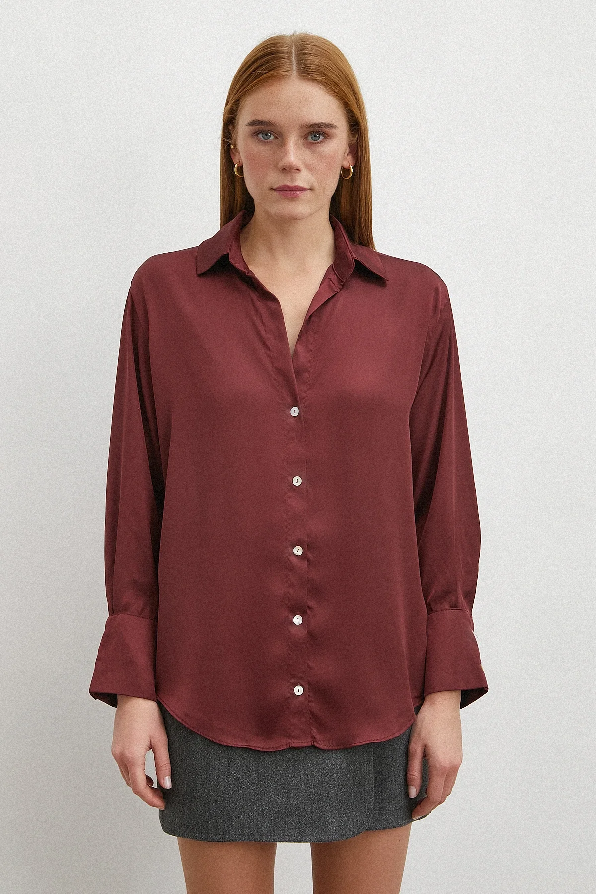 Basic Saten Gömlek - Bordo