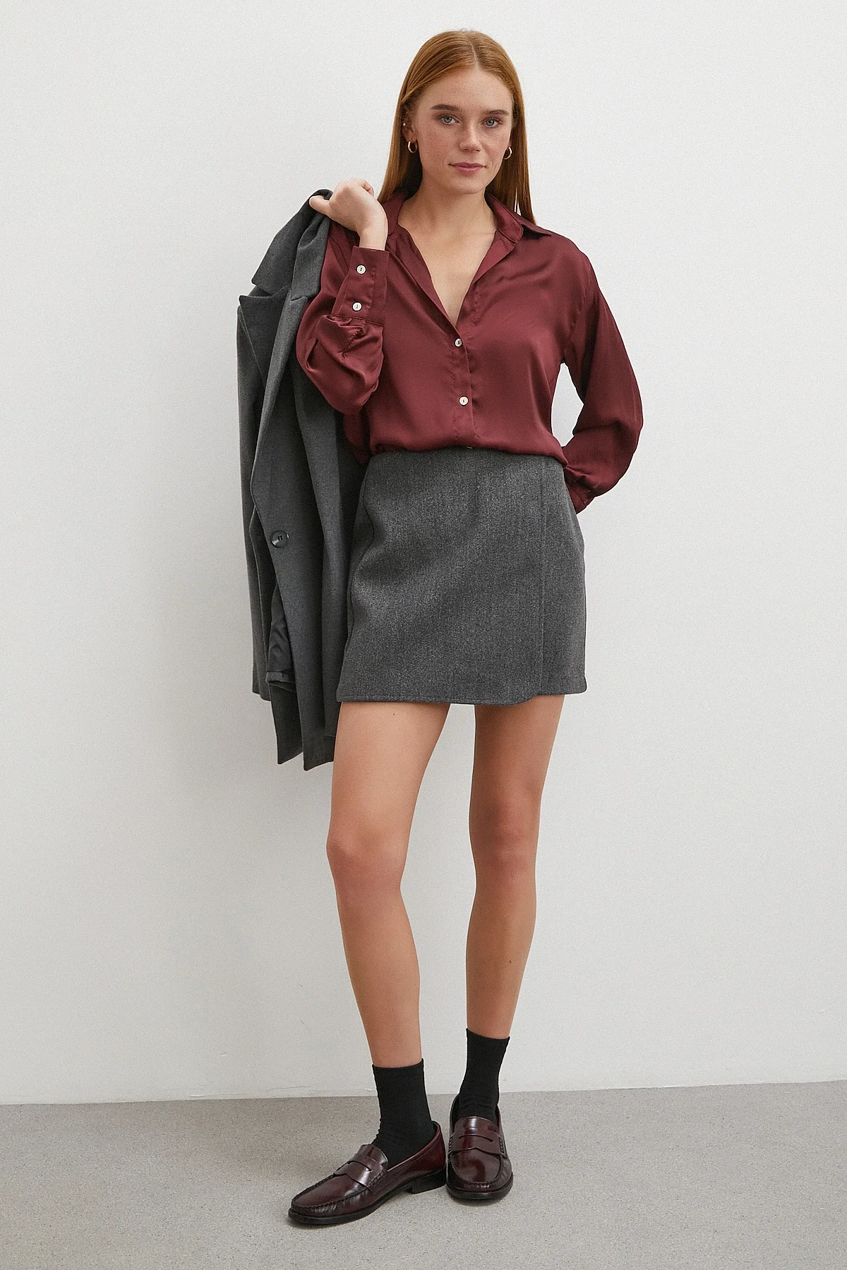 Basic Saten Gömlek - Bordo