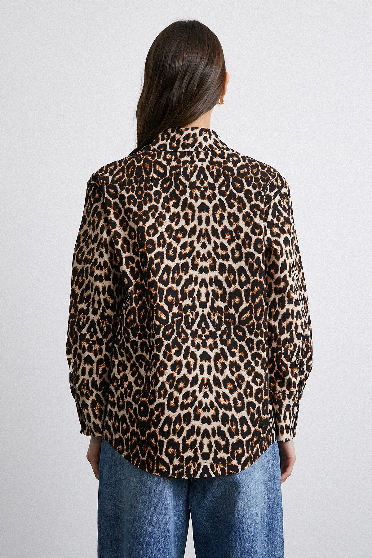 Leopar Desenli Poplin Gömlek - Bej