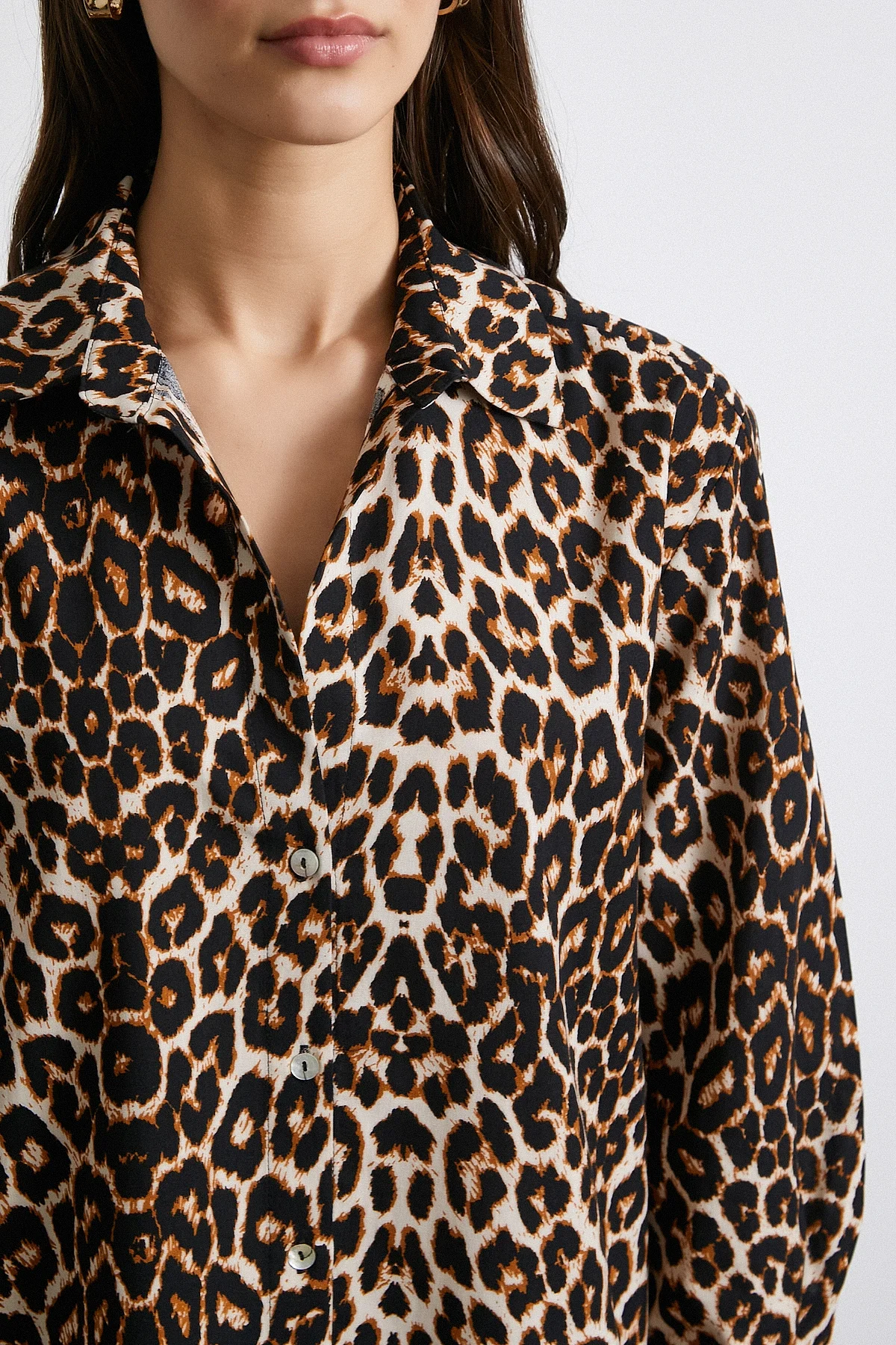 Leopar Desenli Poplin Gömlek - Bej