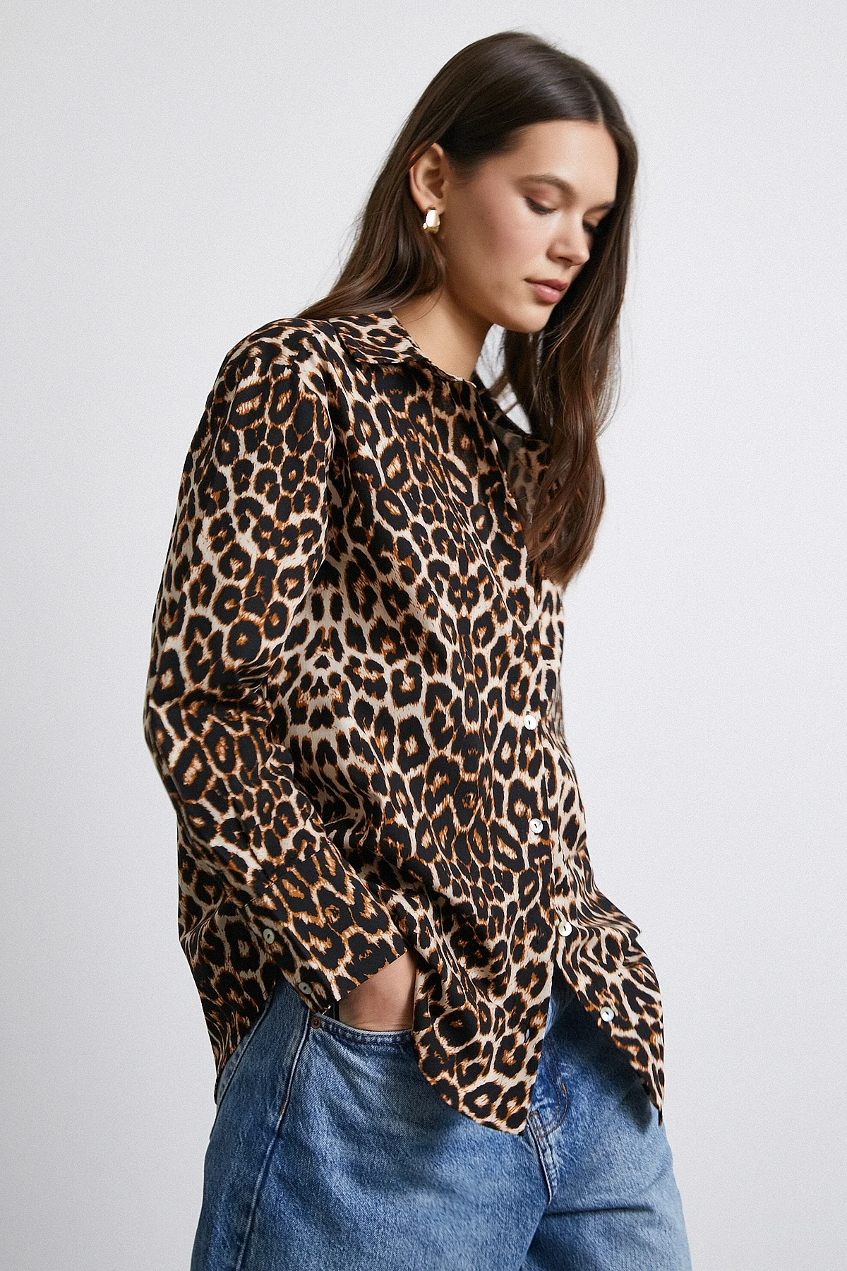 Leopar Desenli Poplin Gömlek - Bej