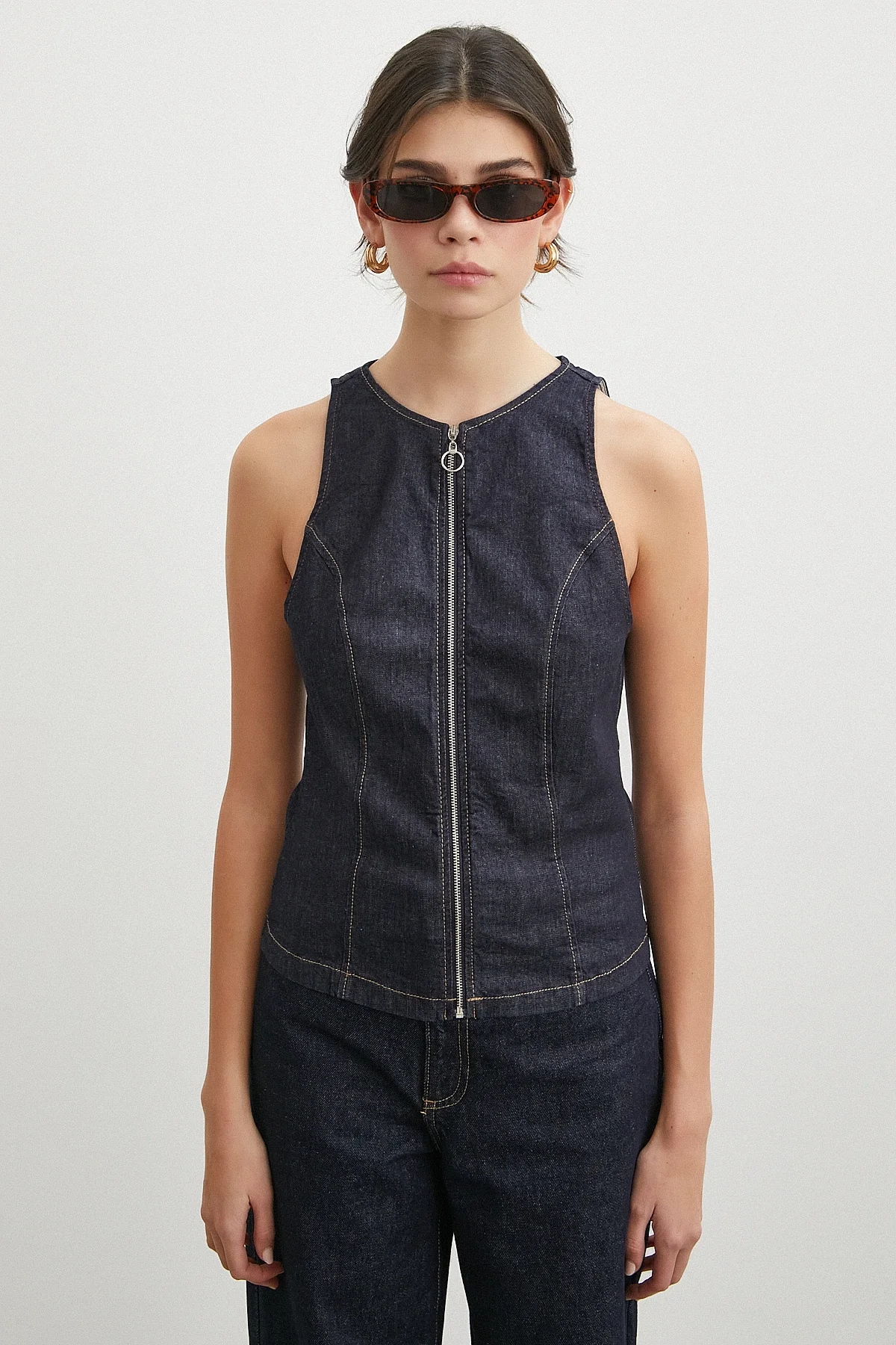 Fermuarlı Kot Yelek - Lacivert