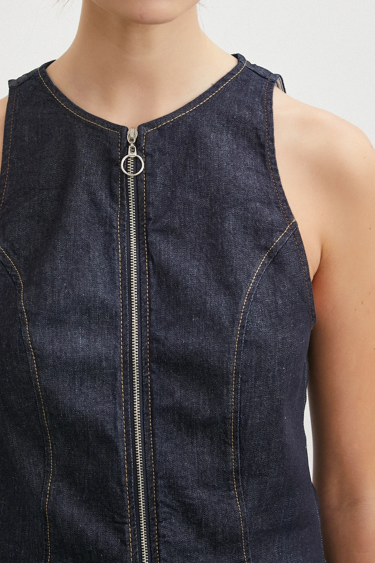 Fermuarlı Kot Yelek - Lacivert