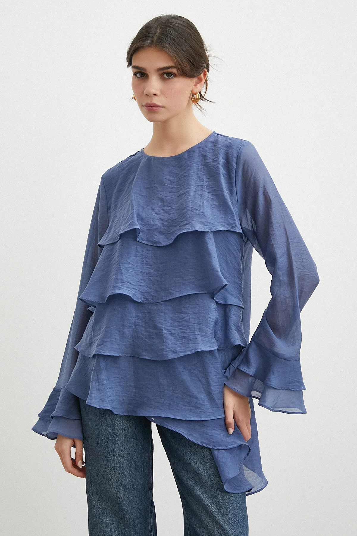 Kol Detaylı Katlı Uzun Kol Bluz - Lacivert