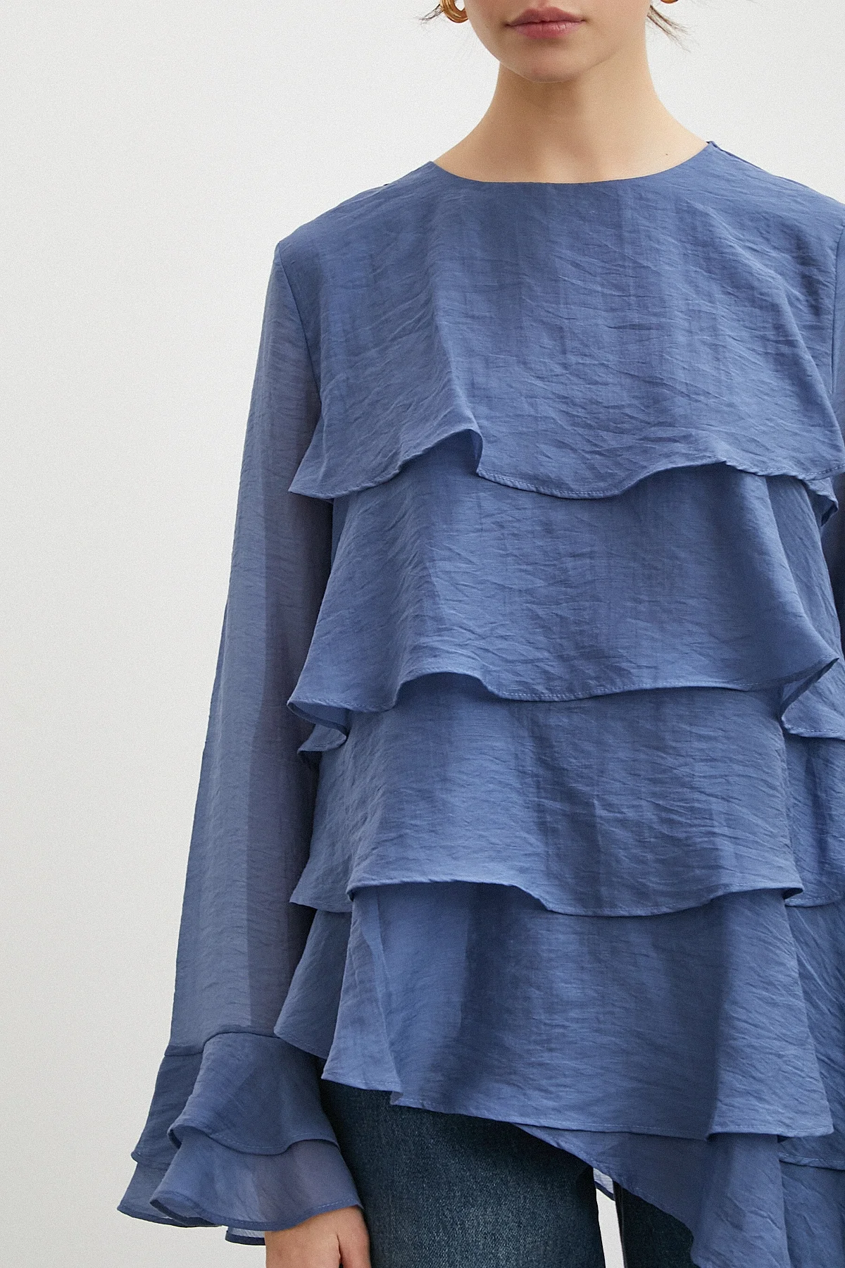 Kol Detaylı Katlı Uzun Kol Bluz - Lacivert