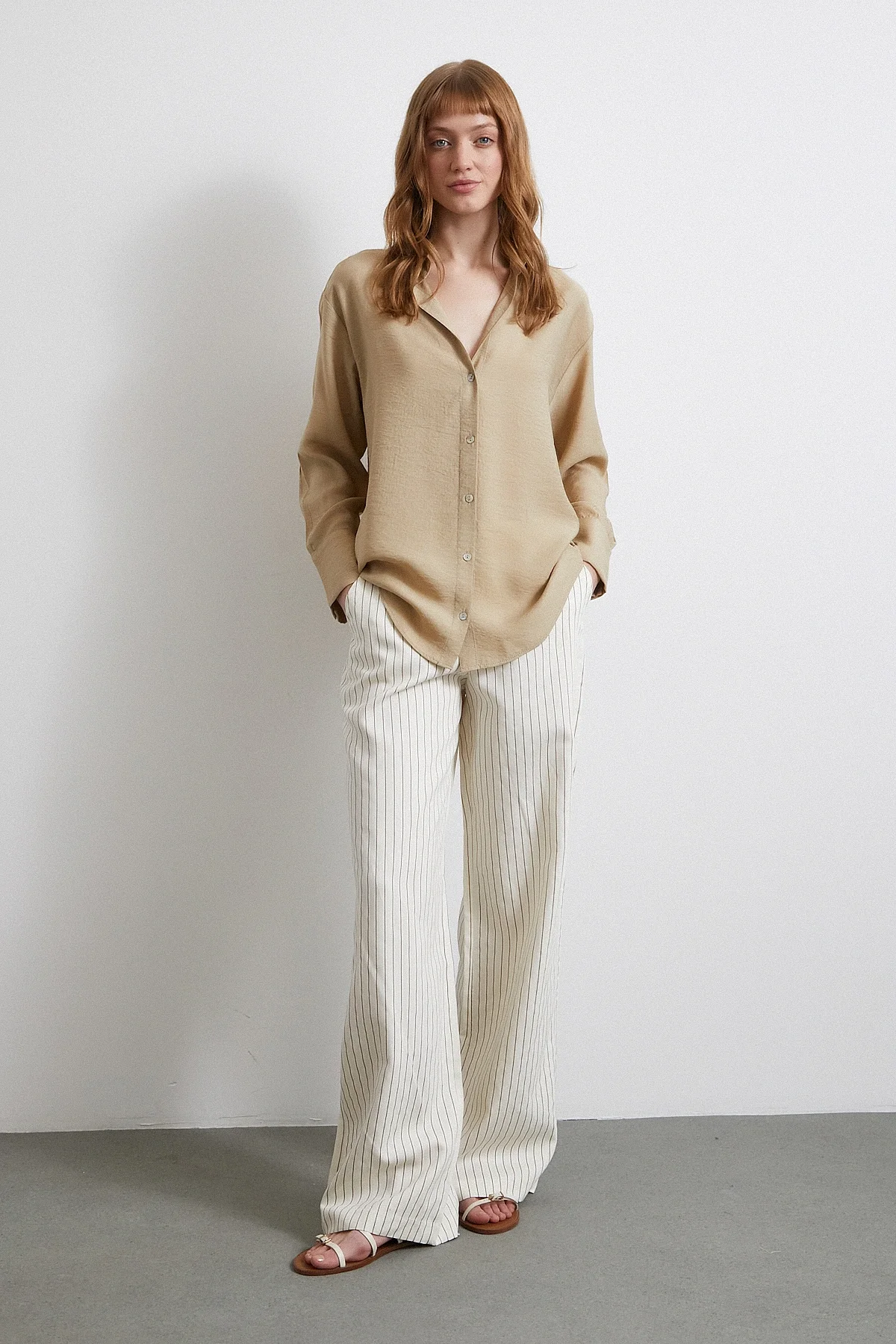 Kraşlı Saten Gömlek - Bej