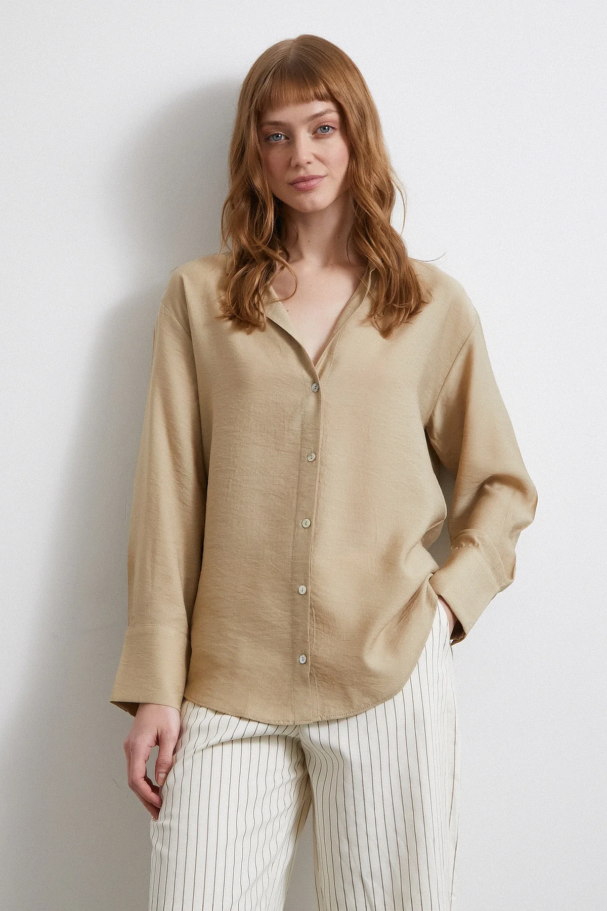 Kraşlı Saten Gömlek - Bej