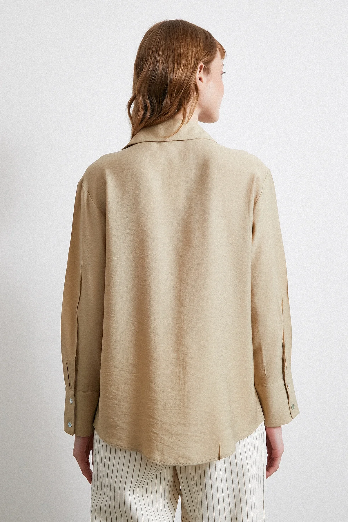 Kraşlı Saten Gömlek - Bej