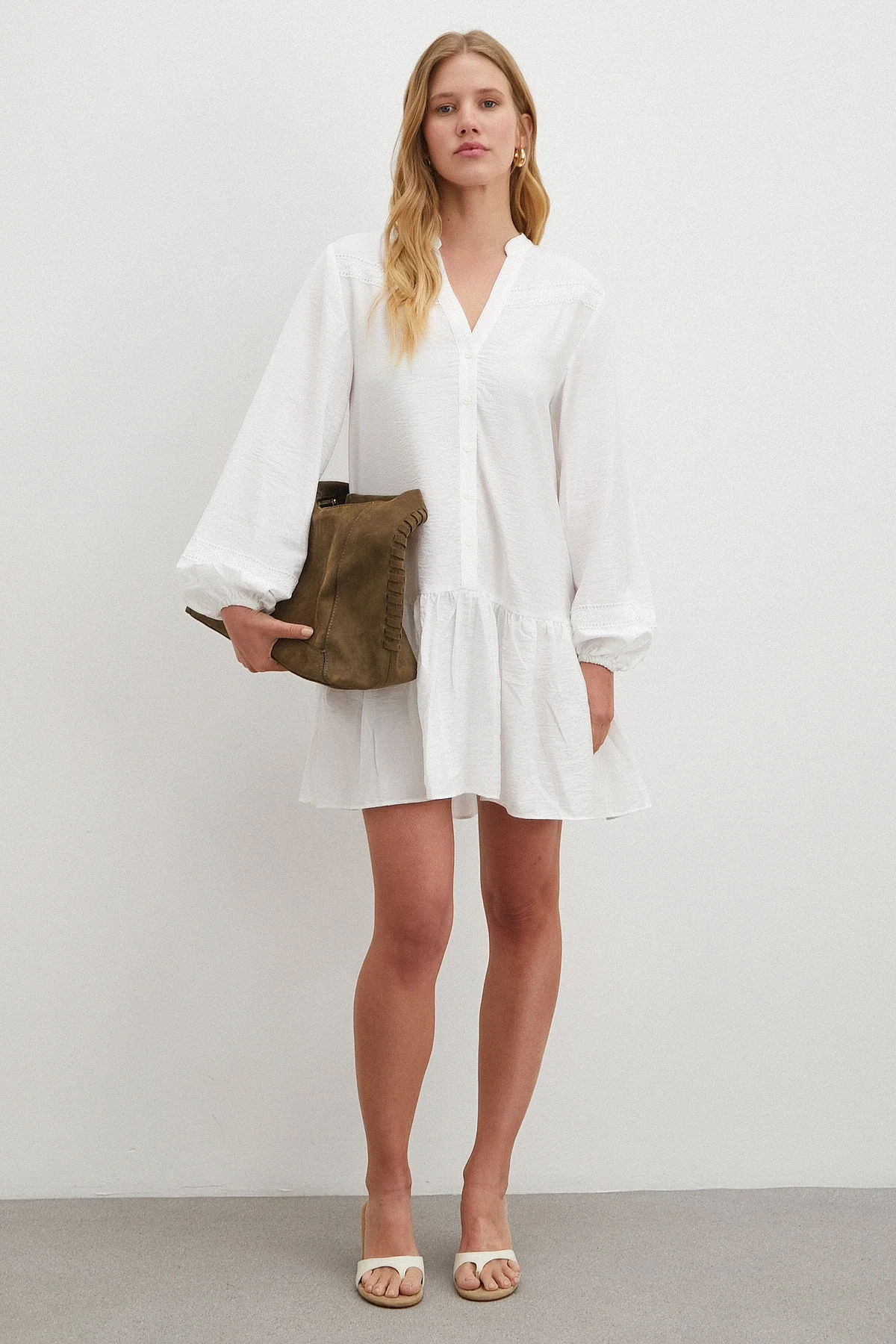 Dantel Detaylı Elbise - Beyaz