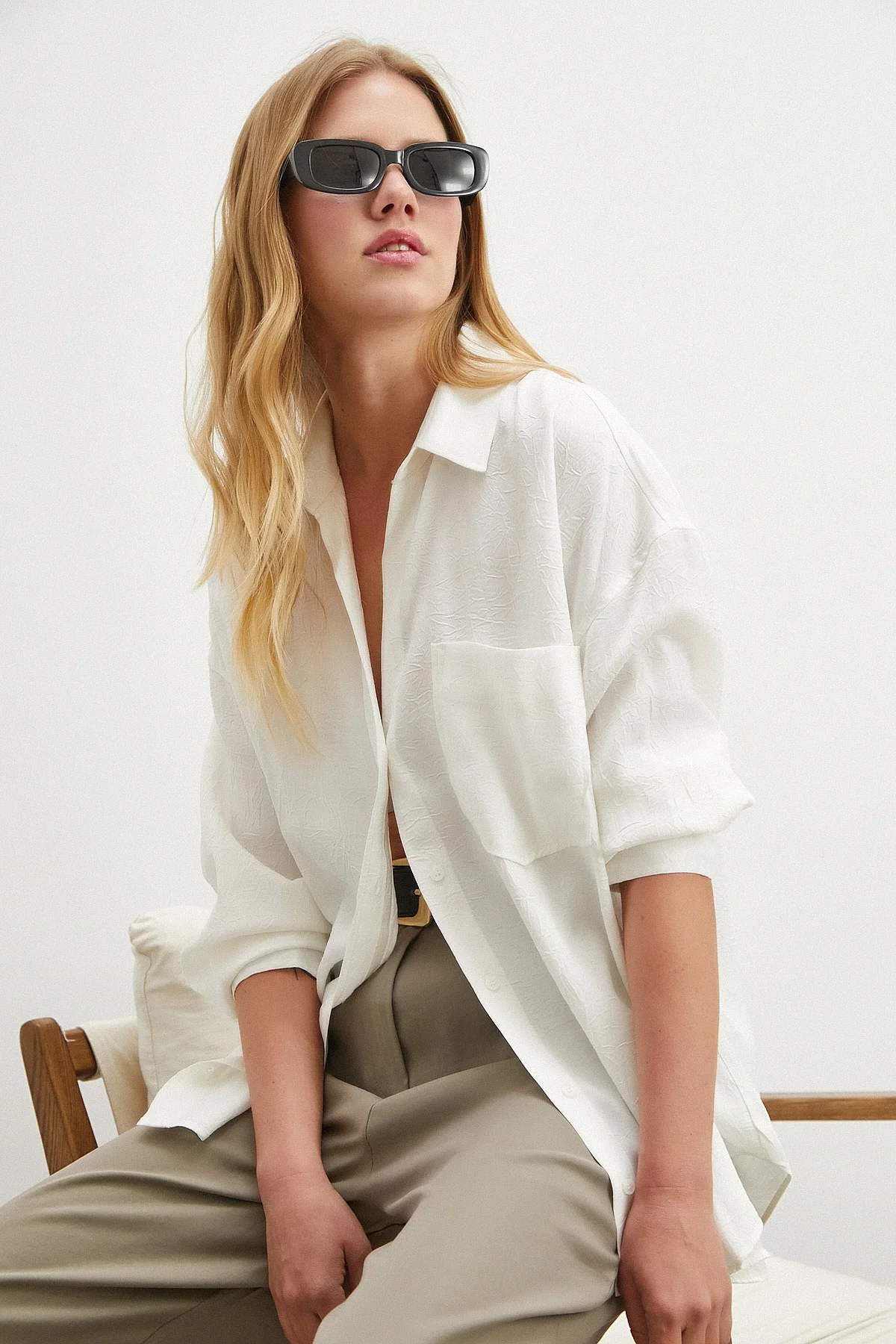 Kırışık Beyaz Gömlek - Beyaz