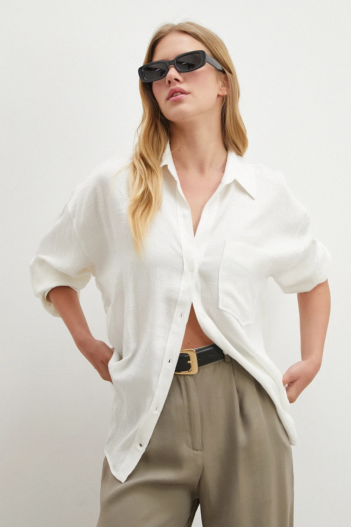 Kırışık Beyaz Gömlek - Beyaz