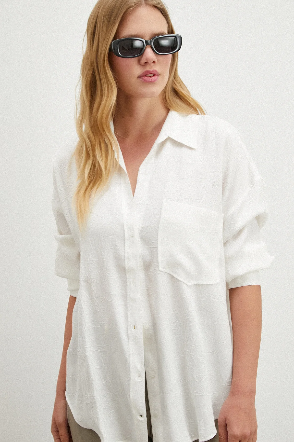 Kırışık Beyaz Gömlek - Beyaz
