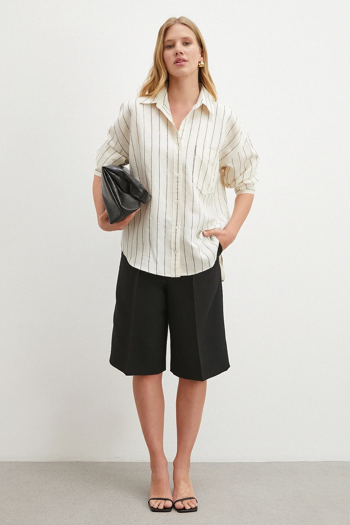 Kontrast Çizgili Gömlek - Siyah