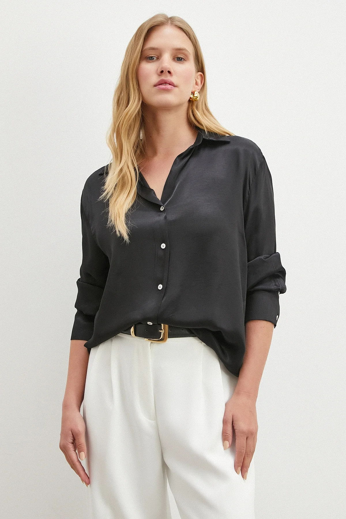 Viskon Saten Gömlek - Siyah