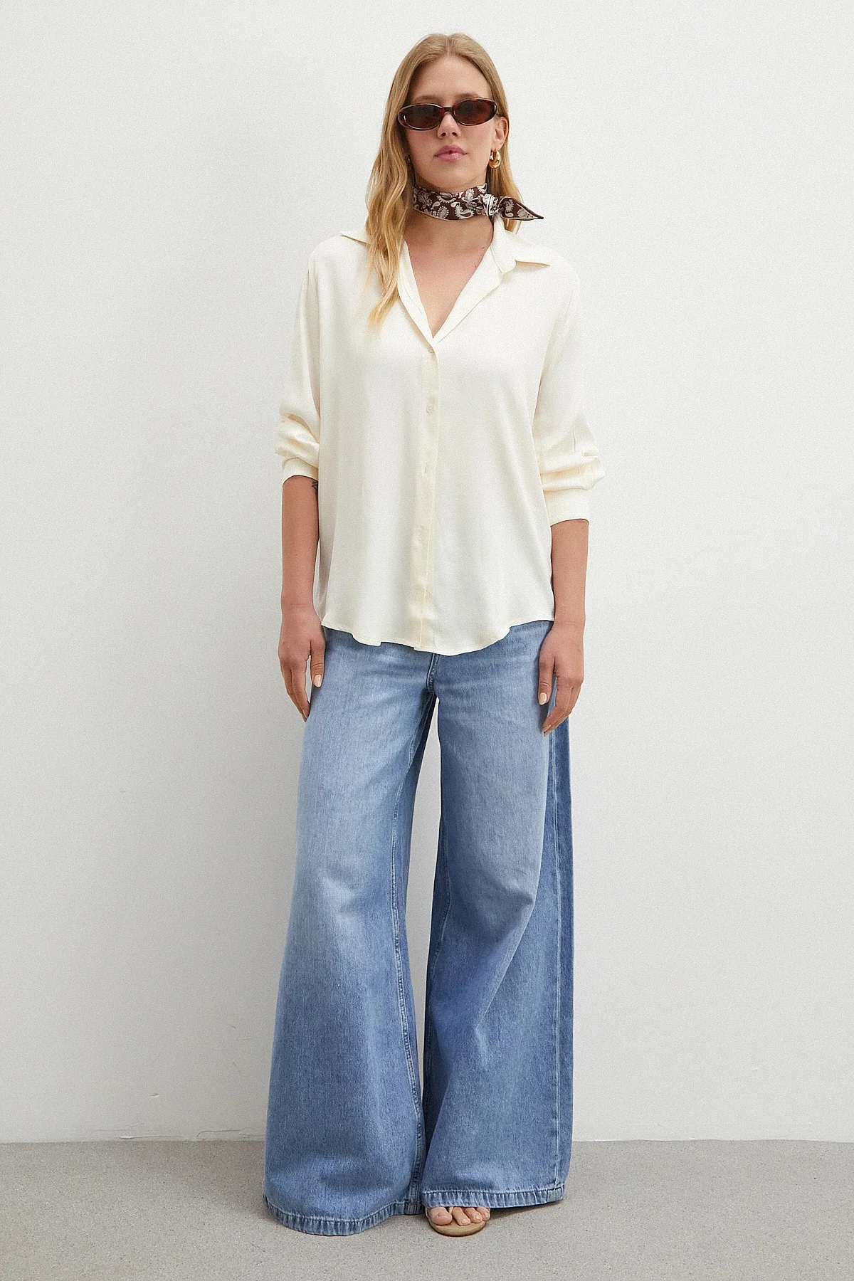 Viskon Saten Gömlek - Ekru