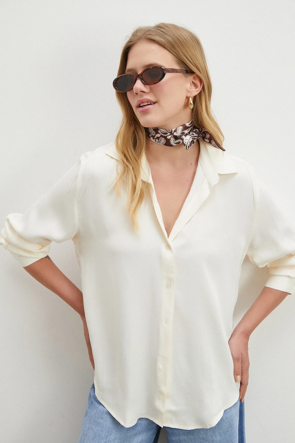 Viskon Saten Gömlek - Ekru