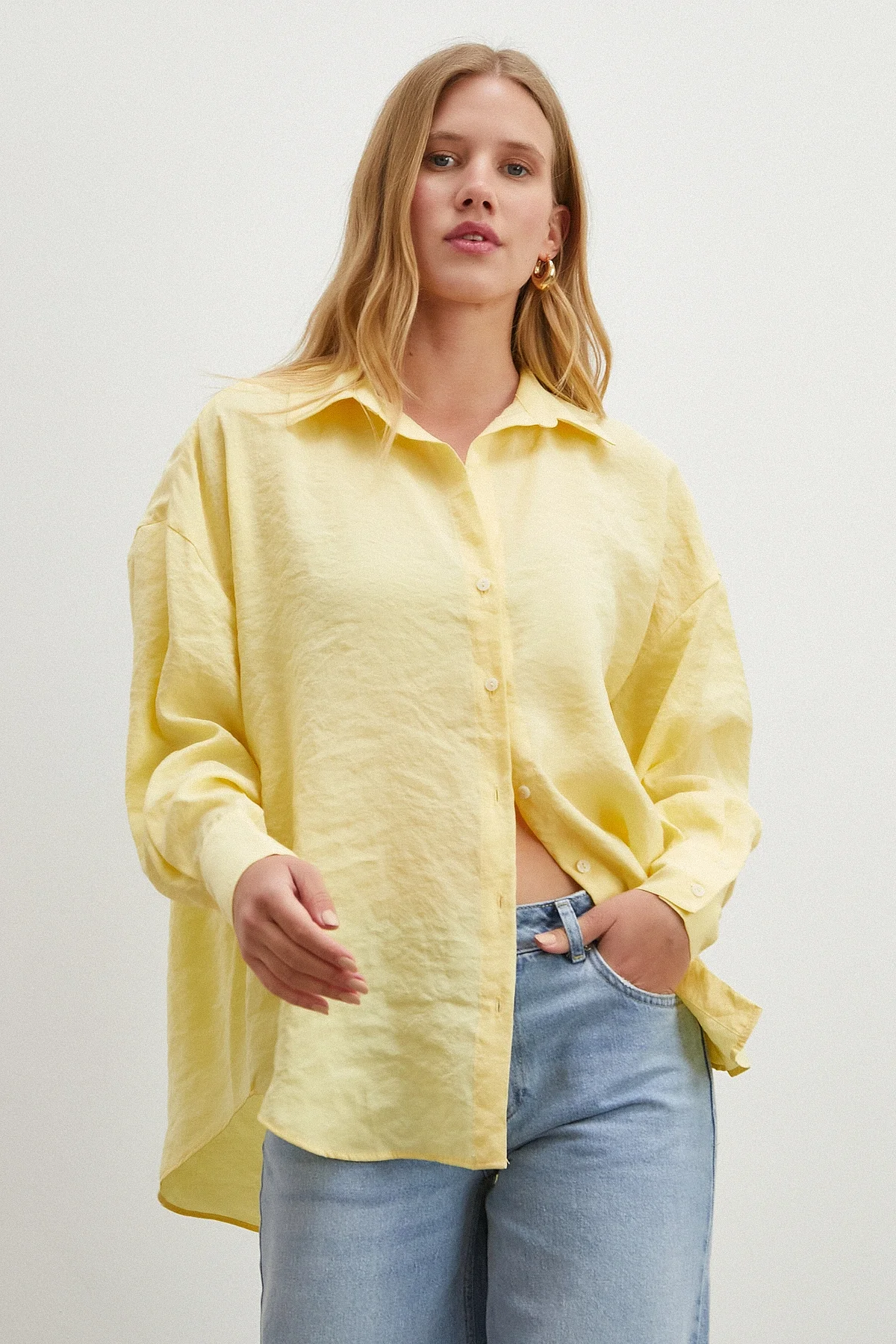 Dökümlü Oversize Modal Gömlek - Sarı