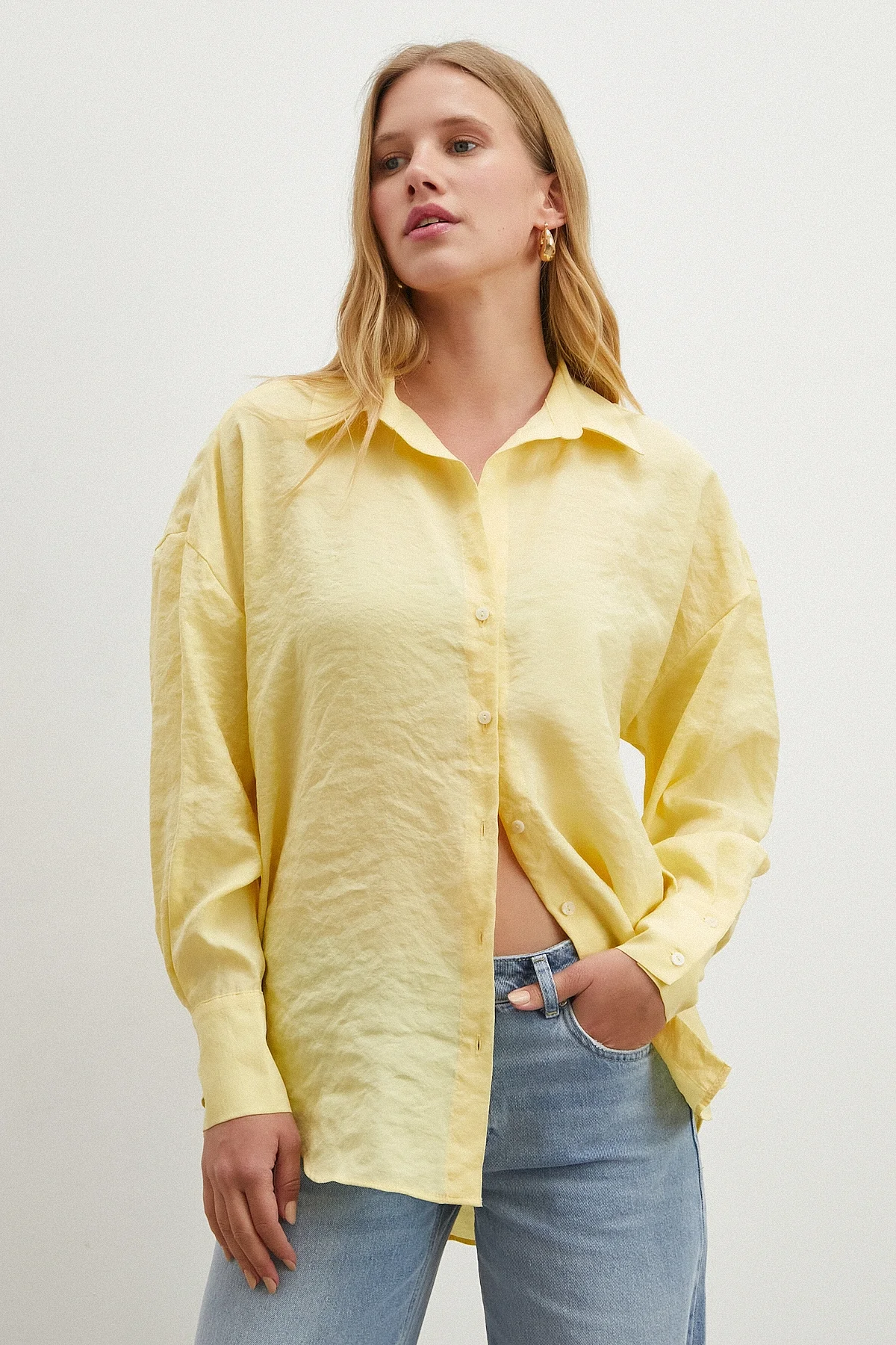 Dökümlü Oversize Modal Gömlek - Sarı