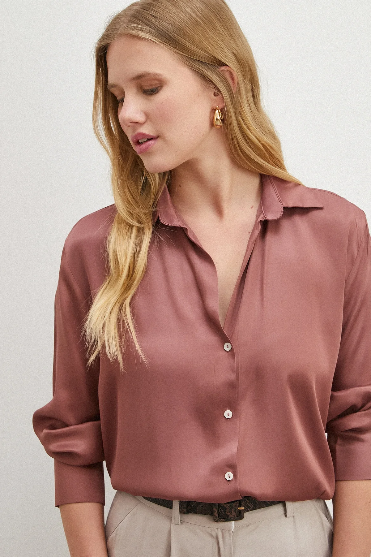 Viskon Saten Gömlek - Gül Kurusu