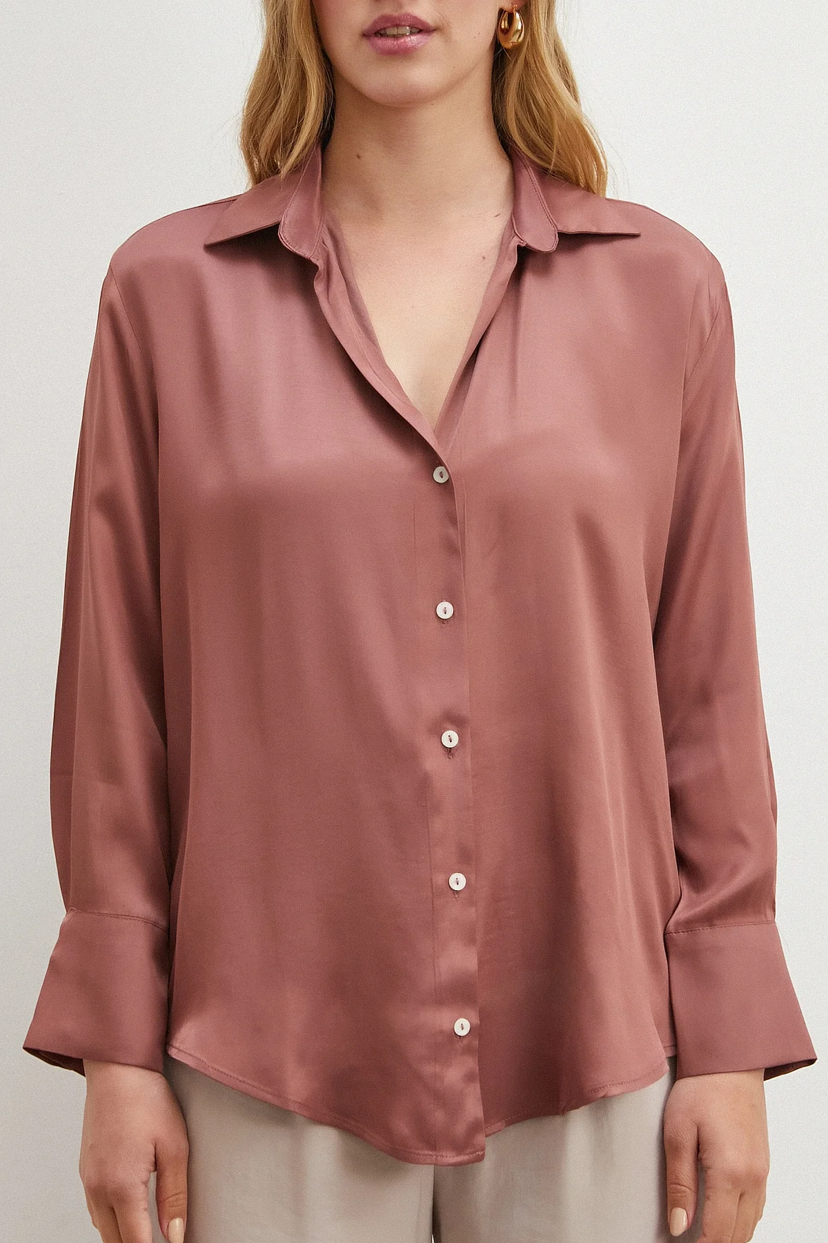 Viskon Saten Gömlek - Gül Kurusu